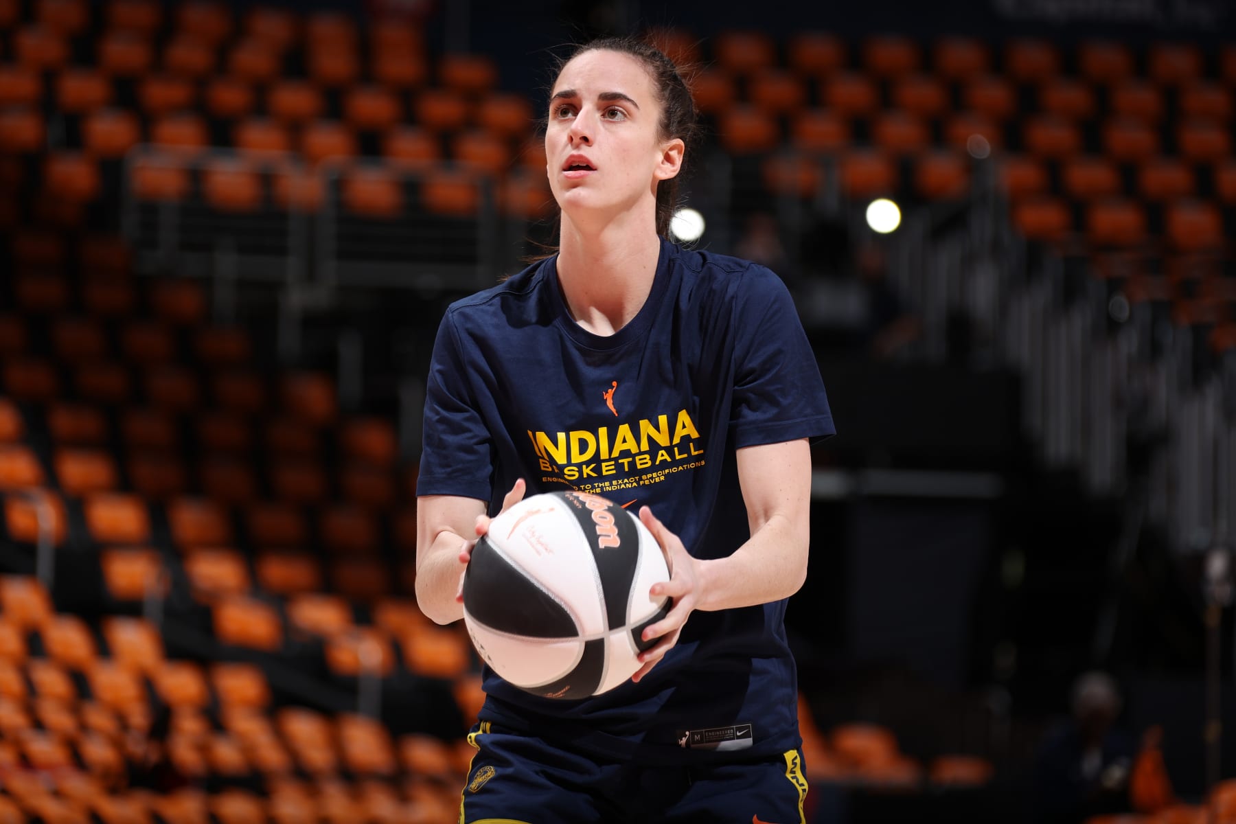 WASHINGTON, D.C. - JUNE 7: Caitlin Clark #22 of the Indiana Fever warms up before the game against the Washington Mystics on June 7, 2024 at Entertainment and Sports Arena in Washington, D.C. NOTE TO USER: User expressly acknowledges and agrees that, by downloading and or using this photograph, User is consenting to the terms and conditions of the Getty Images License Agreement. Mandatory Copyright Notice: Copyright 2024 NBAE (Photo by Stephen Gosling/NBAE via Getty Images)