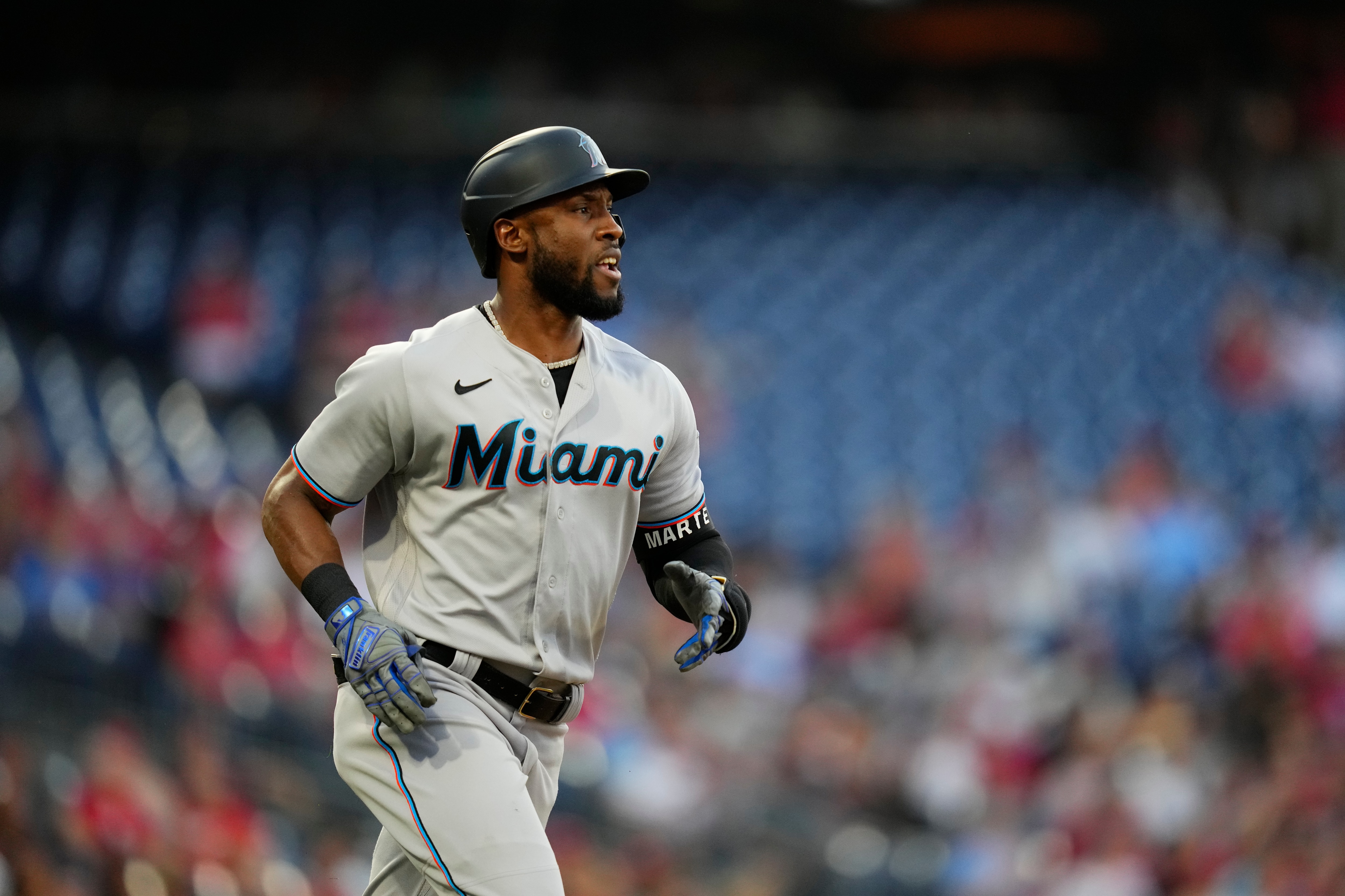 Miami Marlins' Starling Marte plays during a baseball game against the Philadelphia Phillies, Tuesday, June 29, 2021, in Philadelphia. (AP Photo/Matt Slocum)