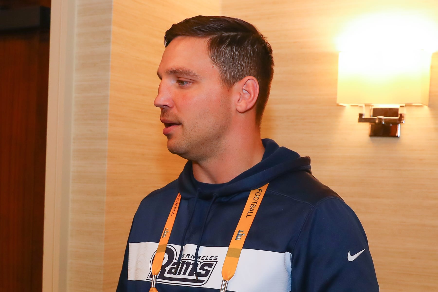 ATLANTA, GA - JANUARY 31:  Los Angeles Rams assistant linebackers coach Chris Shula  answers questions during the Los Angeles Rams Super Bowl LIII  press conference on January 31, 2019 at the Atlanta Marriott Buckhead in Atlanta, GA.   (Photo by Rich Graessle/Icon Sportswire via Getty Images)