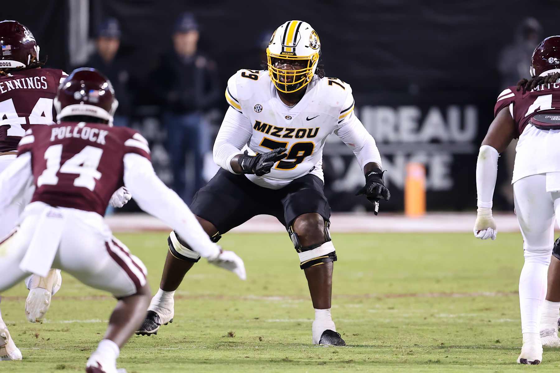 STARKVILLE, MS - NOVEMBER 23: Missouri Tigers offensive lineman Armand Membou (79) during the game between the Mississippi State Bulldogs and the Missouri Tigers on November 23, 2024 at Davis Wade Stadium in Starkville, Mississippi.  (Photo by Michael Wade/Icon Sportswire via Getty Images)