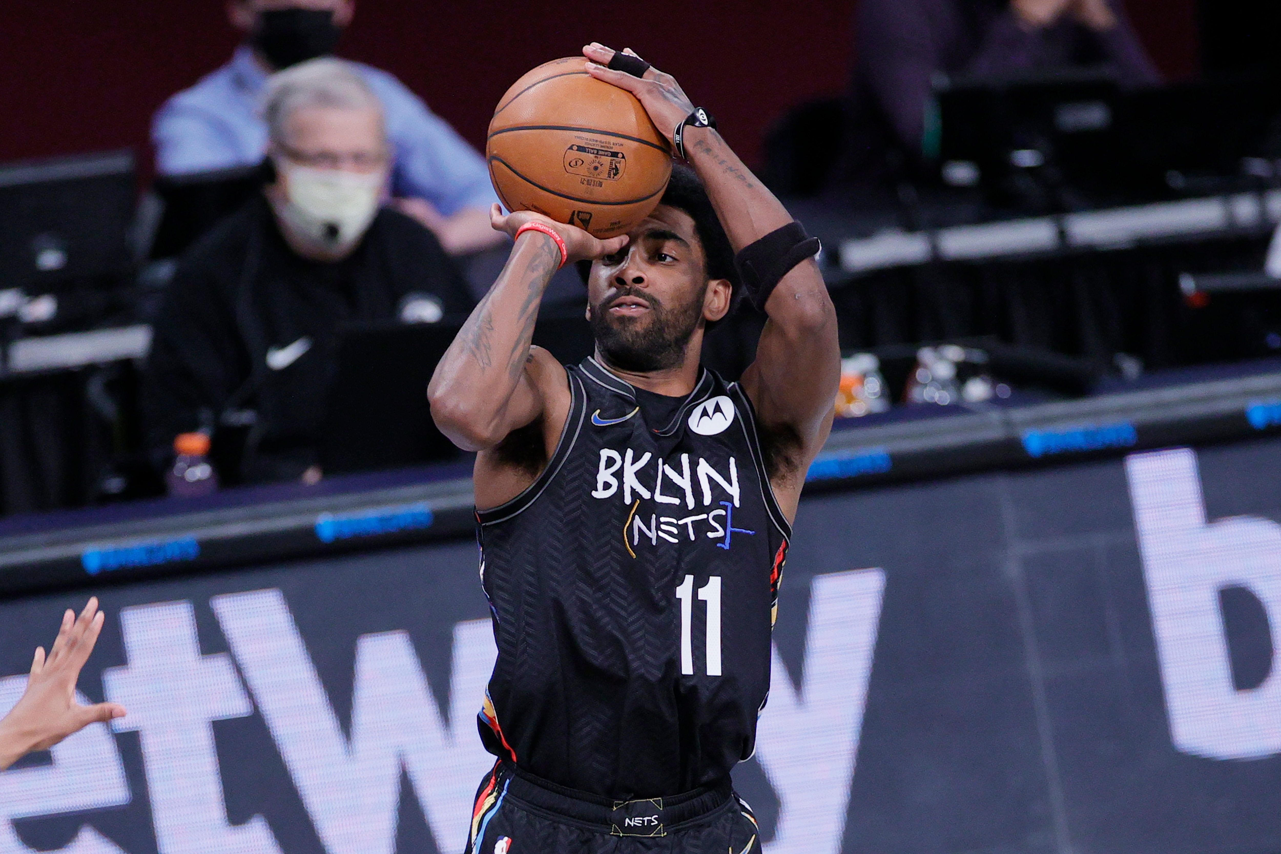 NEW YORK, NEW YORK - MAY 16: Kyrie Irving #11 of the Brooklyn Nets takes a shot during the first half against the Cleveland Cavaliers at Barclays Center on May 16, 2021 in the Brooklyn borough of New York City. NOTE TO USER: User expressly acknowledges and agrees that, by downloading and or using this photograph, User is consenting to the terms and conditions of the Getty Images License Agreement. (Photo by Sarah Stier/Getty Images)