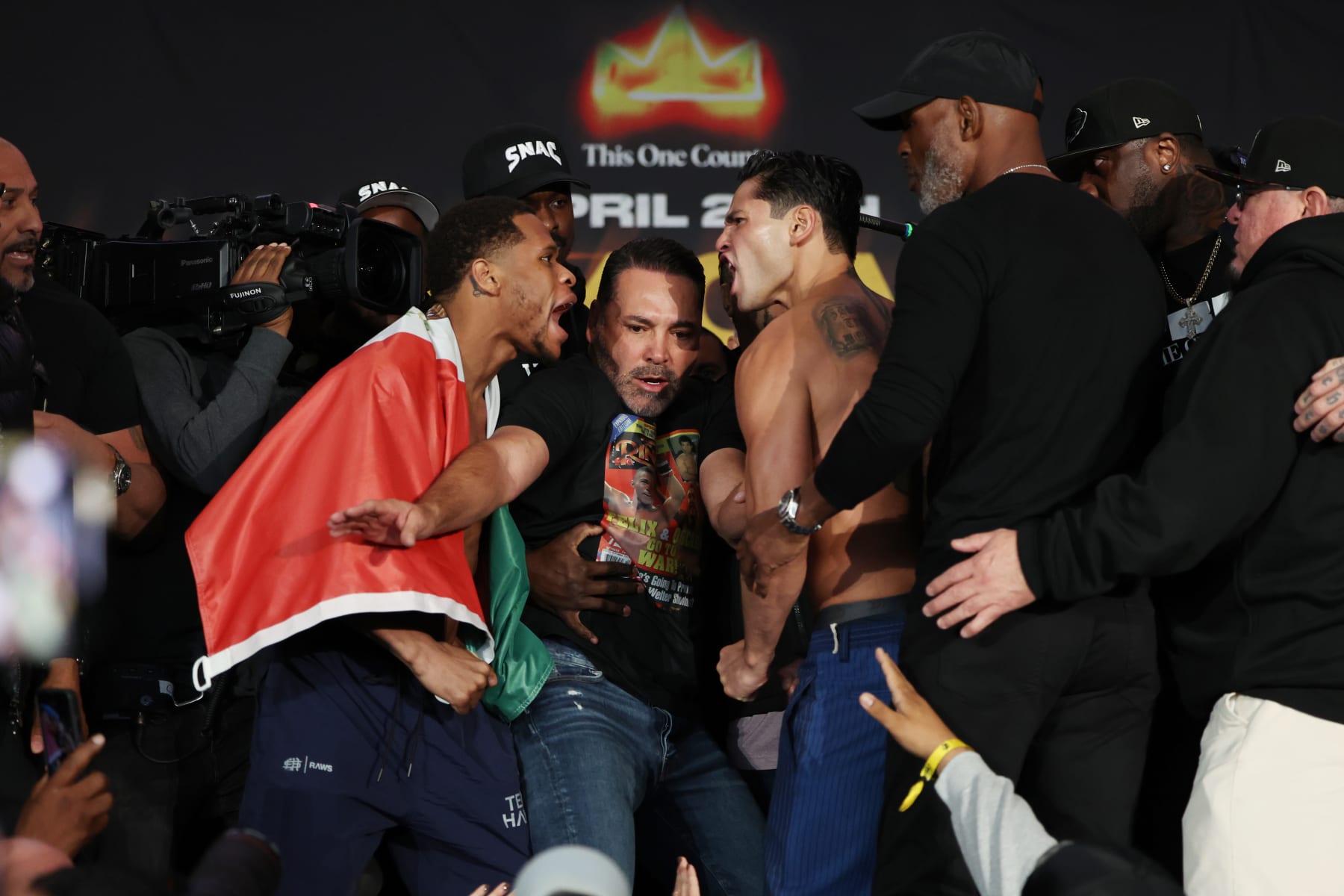 NEW YORK, NEW YORK - APRIL 19: Devin Haney and Ryan Garcia face off during a weigh-in at Barclays Center on April 19, 2024 in New York City. (Photo by Cris Esqueda/Golden Boy/Getty Images)