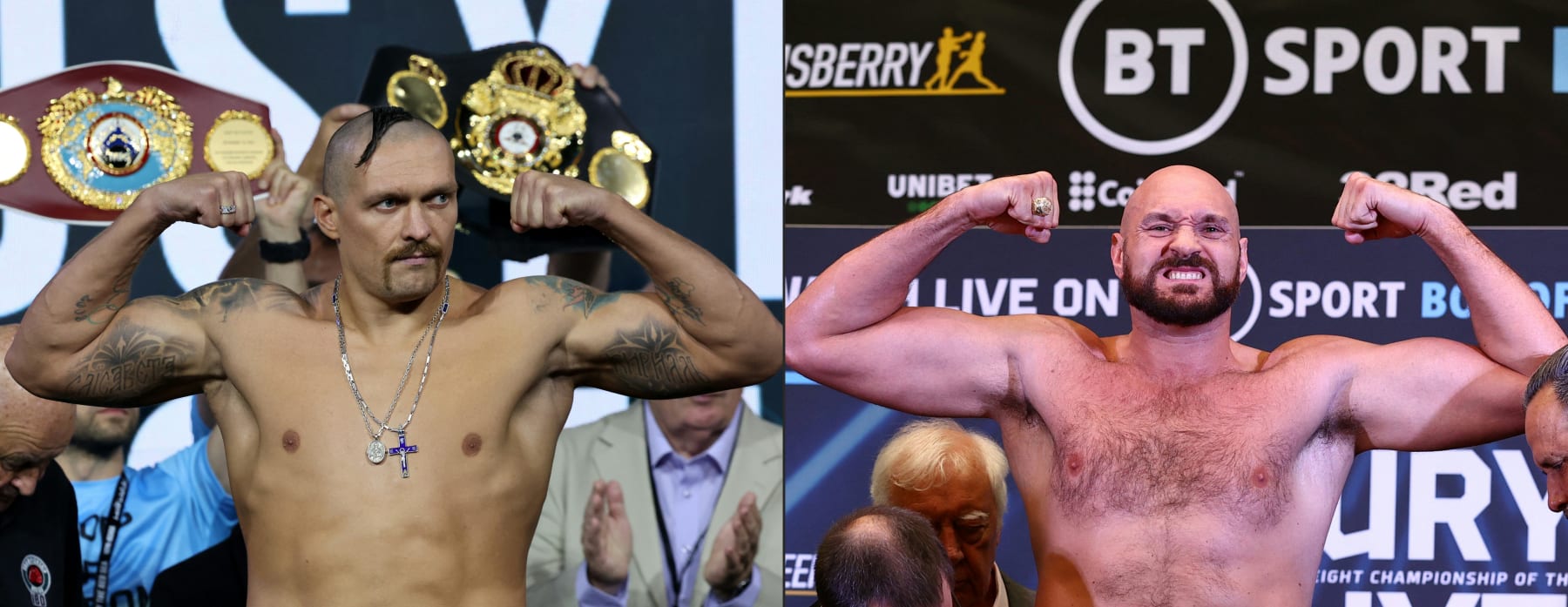 (COMBO) This combination of pictures created on September 29, 2023 shows Ukraine's Oleksandr Usyk (L) gesturing during a public weighing, in the Saudi Red Sea city of Jeddah, on August 19, 2022 and World Boxing Council (WBC) heavyweight title holder Britain's Tyson Fury reacts during his weigh-in, in London, on April 22, 2022. Tyson Fury will take on Oleksandr Usyk in Saudi Arabia in a bout that will decide the undisputed heavyweight champion of the world, Fury's promoter said on September 29, 2023. (Photo by Giuseppe CACACE and Adrian DENNIS / AFP) (Photo by GIUSEPPE CACACE,ADRIAN DENNIS/AFP via Getty Images)
