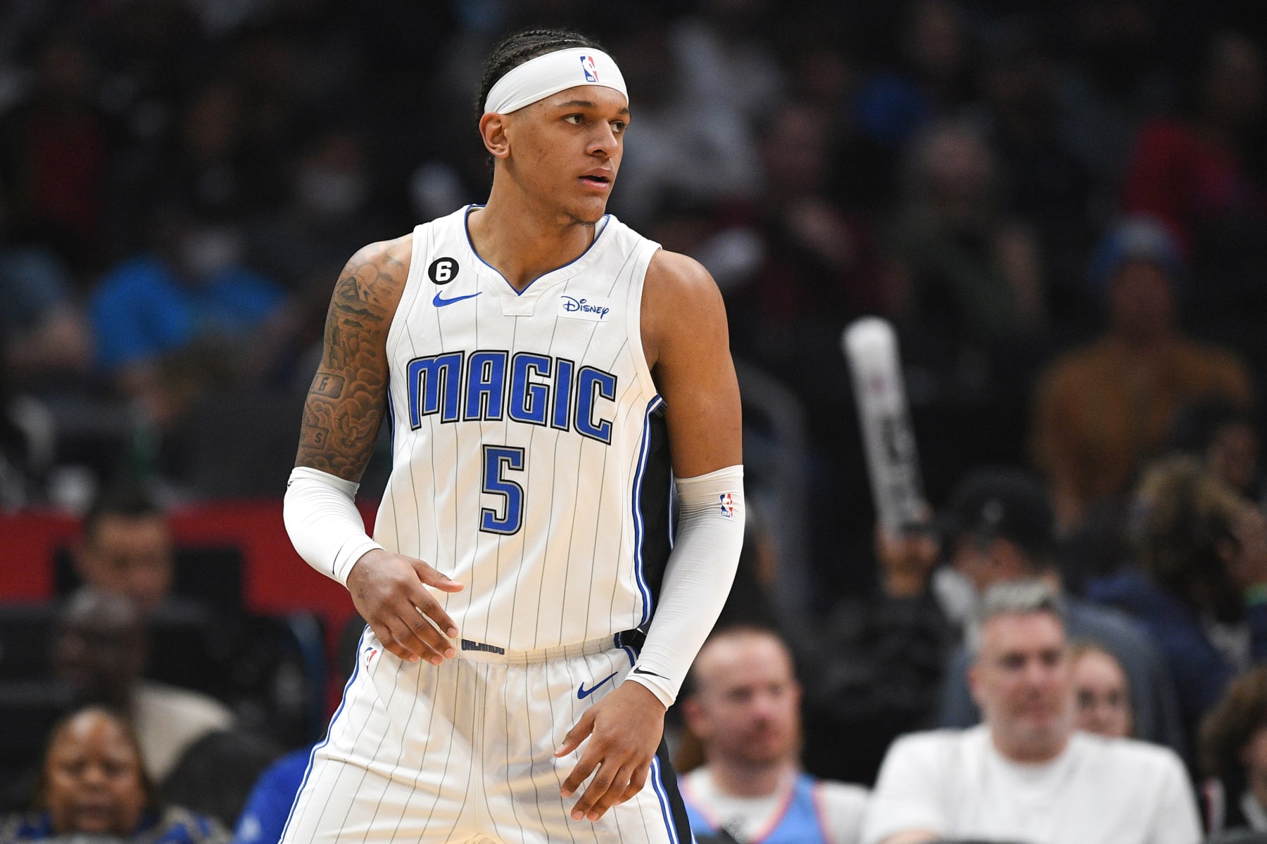 LOS ANGELES, CA - MARCH 18: Orlando Magic Forward Paolo Banchero (5) looks on during a NBA game between the Orlando Magic and the Los Angeles Clippers on March 18, 2023 at Crypto.com Arena in Los Angeles, CA. (Photo by Brian Rothmuller/Icon Sportswire via Getty Images