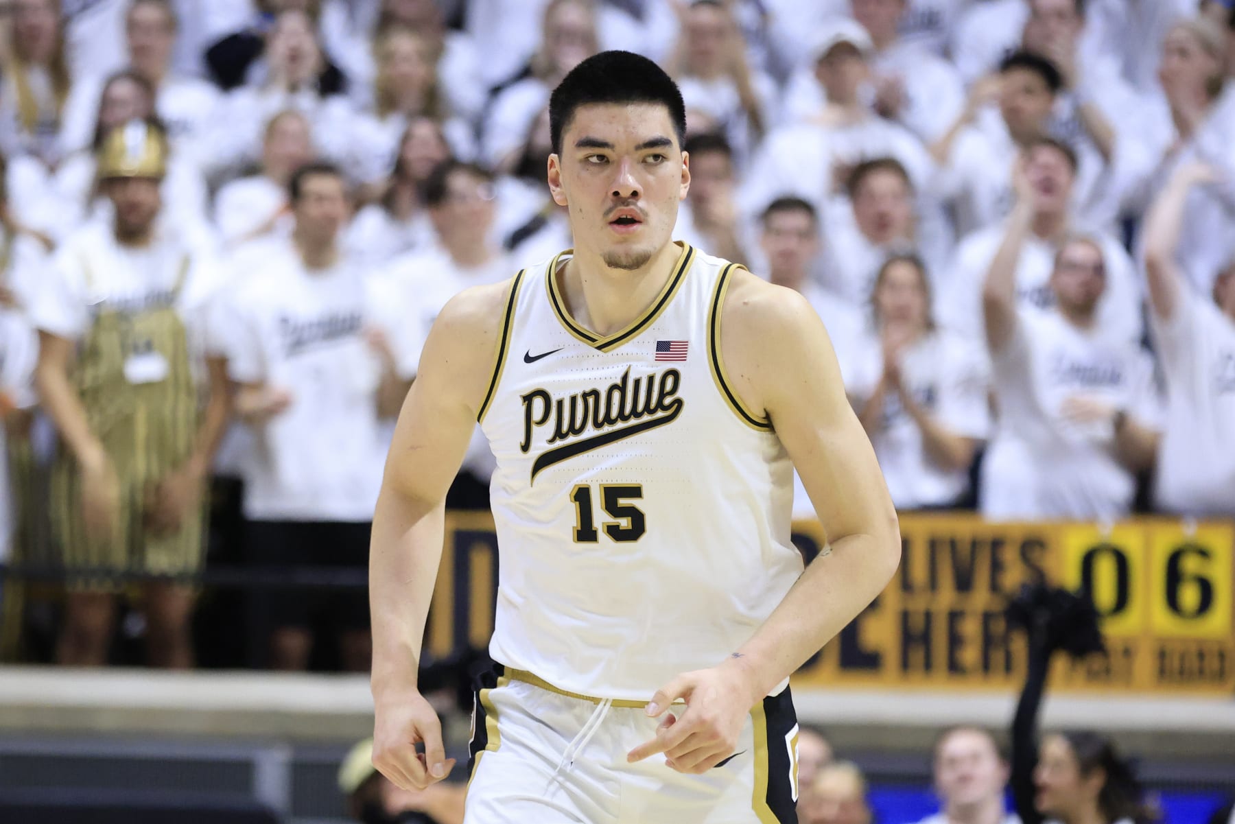 WEST LAFAYETTE, INDIANA - JANUARY 29: Zach Edey #15 of the Purdue Boilermakers runs the court in the game against the Michigan State Spartans at Mackey Arena on January 29, 2023 in West Lafayette, Indiana. (Photo by Justin Casterline/Getty Images)