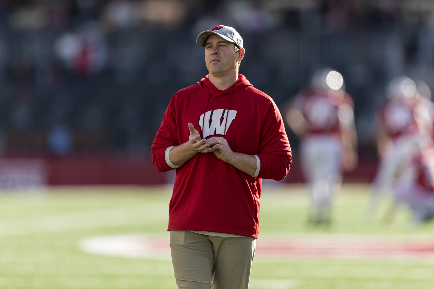MADISON, WI - NOVEMBER 26: Wisconsin Badgers Interm Head Coach and Defense Coordinator Jim Leonhard durning a college football game between the Minnesota Golden Gophers and the Wisconsin Badgers on November 26th, 2022 at Barry Alvarez field at Camp Randall Stadium in Madison, WI. (Photo by Dan Sanger/Icon Sportswire via Getty Images)