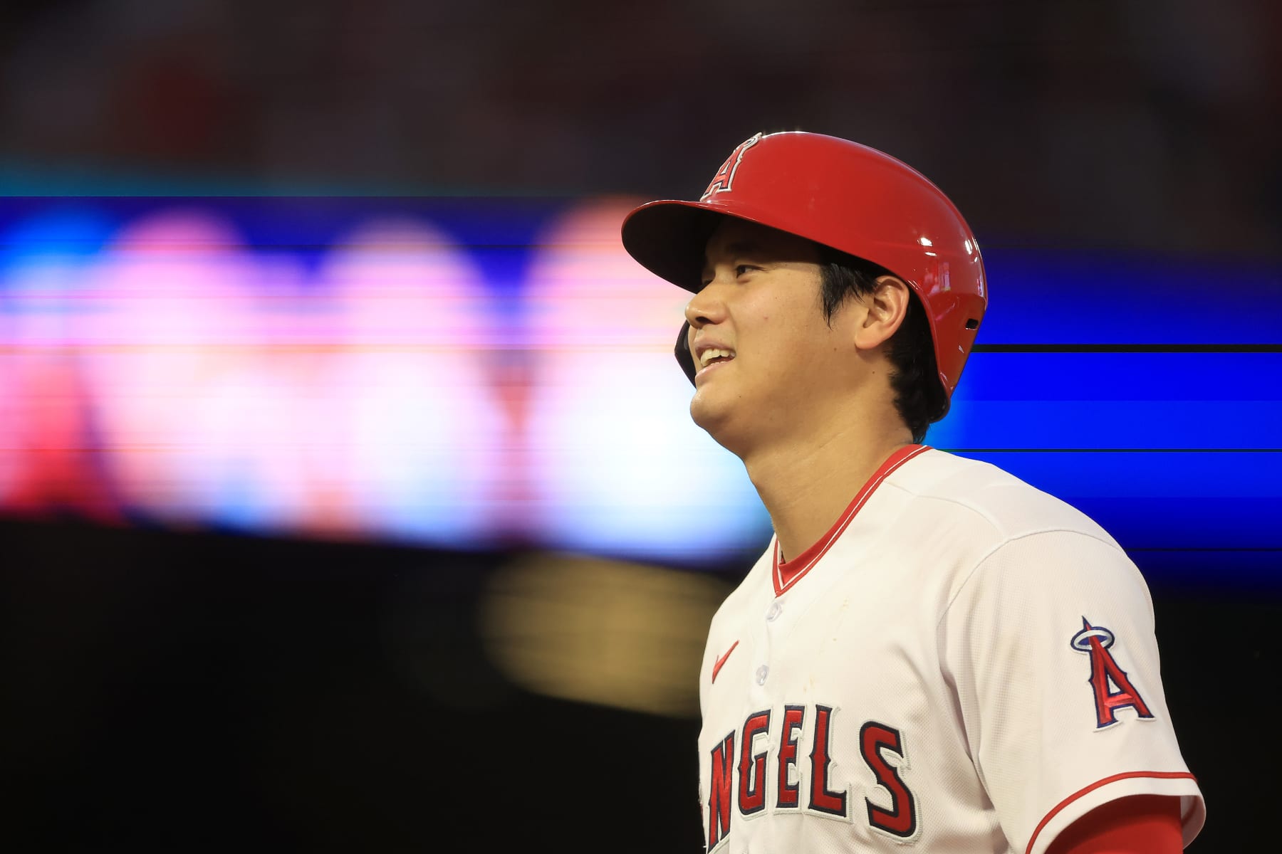 ANAHEIM, CALIFORNIA - JULY 14: Shohei Ohtani #17 of the Los Angeles Angels looks on from first base during the fifth inning of a game against the Houston Astros at Angel Stadium of Anaheim on July 14, 2023 in Anaheim, California. (Photo by Sean M. Haffey/Getty Images)