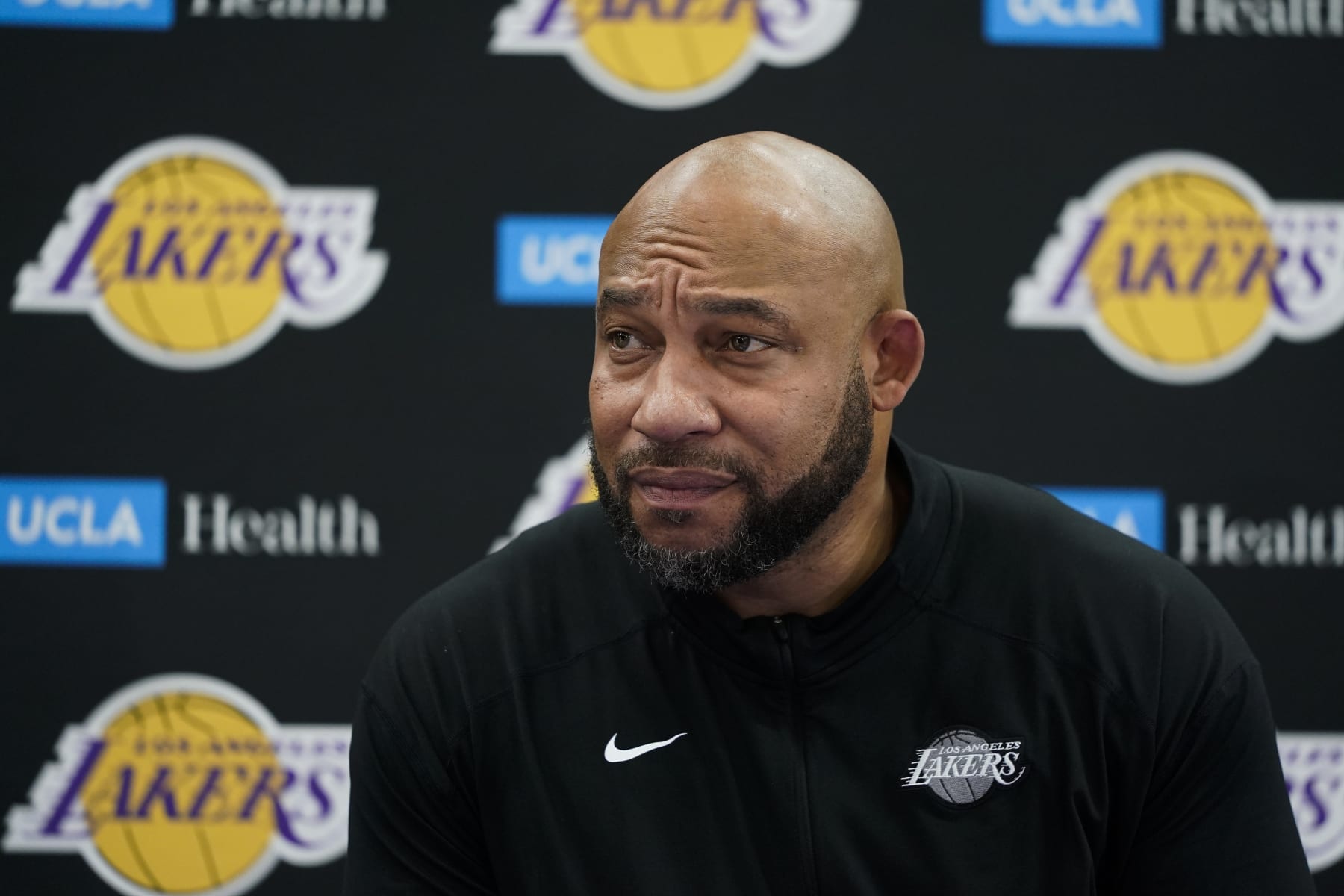 Los Angeles Lakers head coach Darvin Ham laughs attends a news conference during the NBA basketball team's Media Day Monday, Sept. 26, 2022, in El Segundo, Calif. (AP Photo/Jae C. Hong)