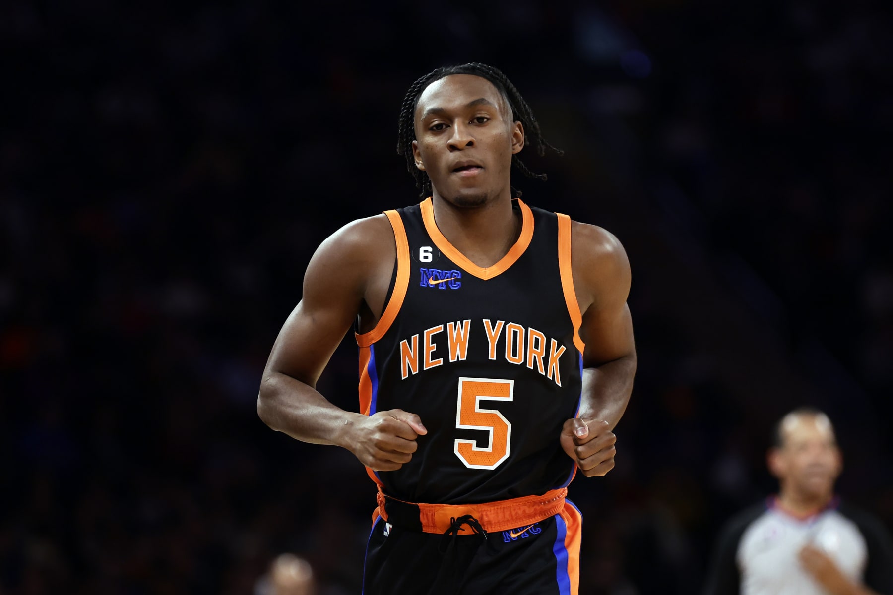 NEW YORK, NEW YORK - DECEMBER 23: Immanuel Quickley #5 of the New York Knicks in action against the Chicago Bulls during the first half at Madison Square Garden on December 23, 2022 in New York City. NOTE TO USER: User expressly acknowledges and agrees that, by downloading and or using this Photograph, user is consenting to the terms and conditions of the Getty Images License Agreement.  (Photo by Adam Hunger/Getty Images)