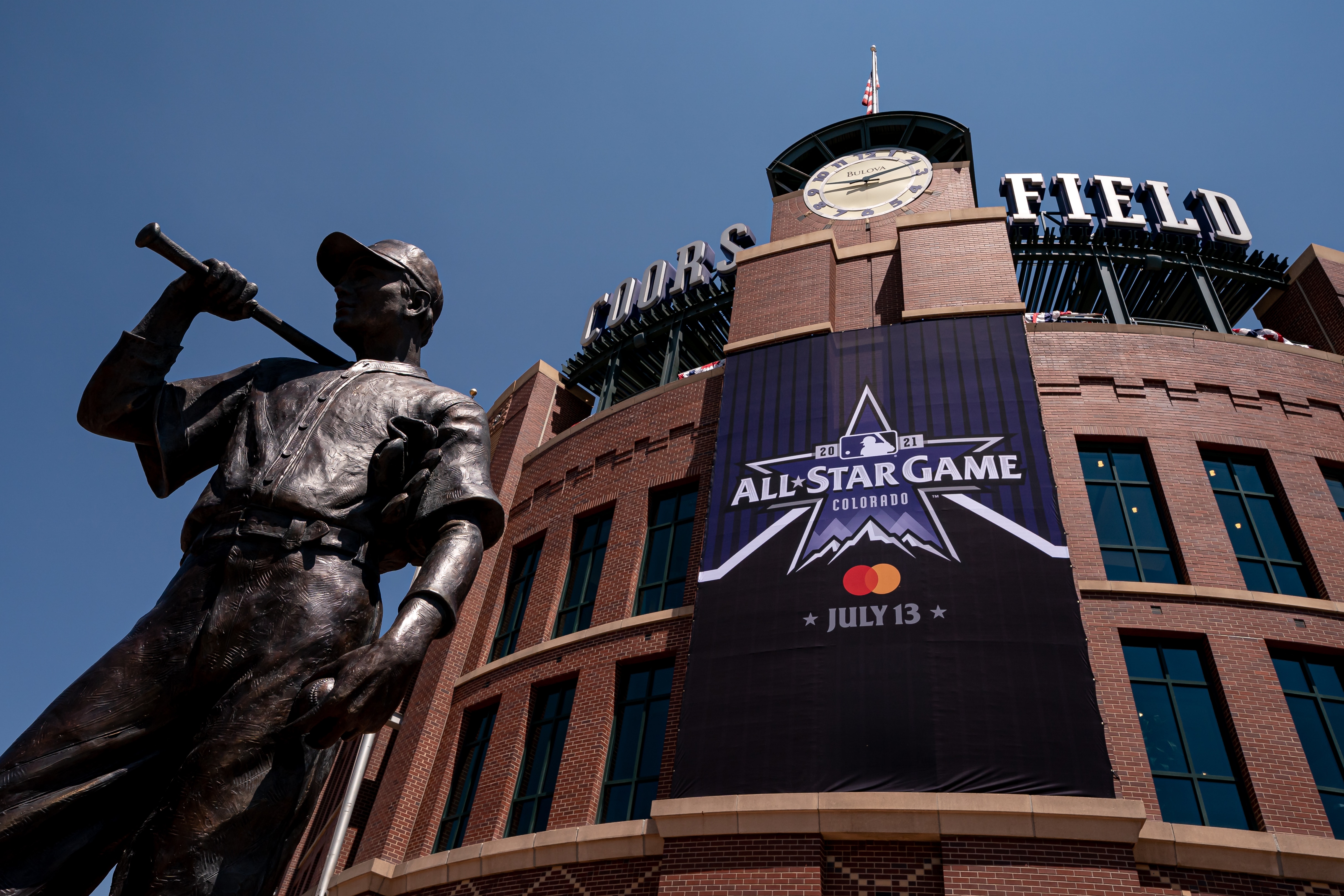 DENVER, CO - JULY 07: The MLB All-Star Logo adorns the facade at Coors Field on July 7, 2021 in Denver, Colorado. (Photo by Matt Dirksen/Colorado Rockies/Getty Images)