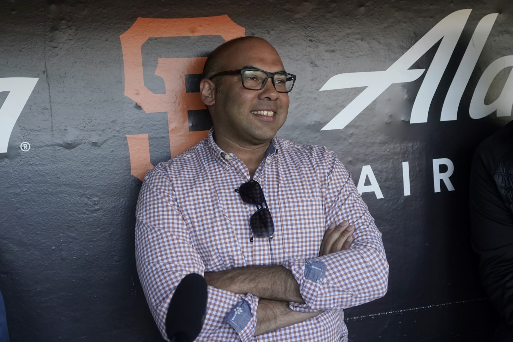 San Francisco Giants president of baseball operations Farhan Zaidi before a baseball game against the Arizona Diamondbacks in San Francisco, Tuesday, July 12, 2022. (AP Photo/Jeff Chiu)