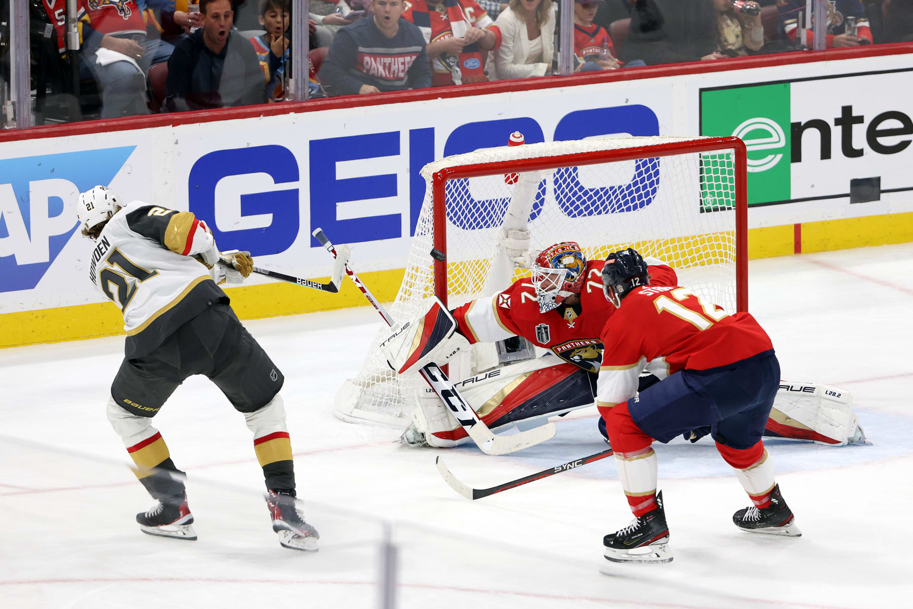 SUNRISE, FLORIDA - JUNE 08:  Sergei Bobrovsky #72 of the Florida Panthers makes the save against Brett Howden #21 of the Vegas Golden Knights during the second period in Game Three of the 2023 NHL Stanley Cup Final at FLA Live Arena on June 08, 2023 in Sunrise, Florida. (Photo by Patrick Smith/Getty Images)
