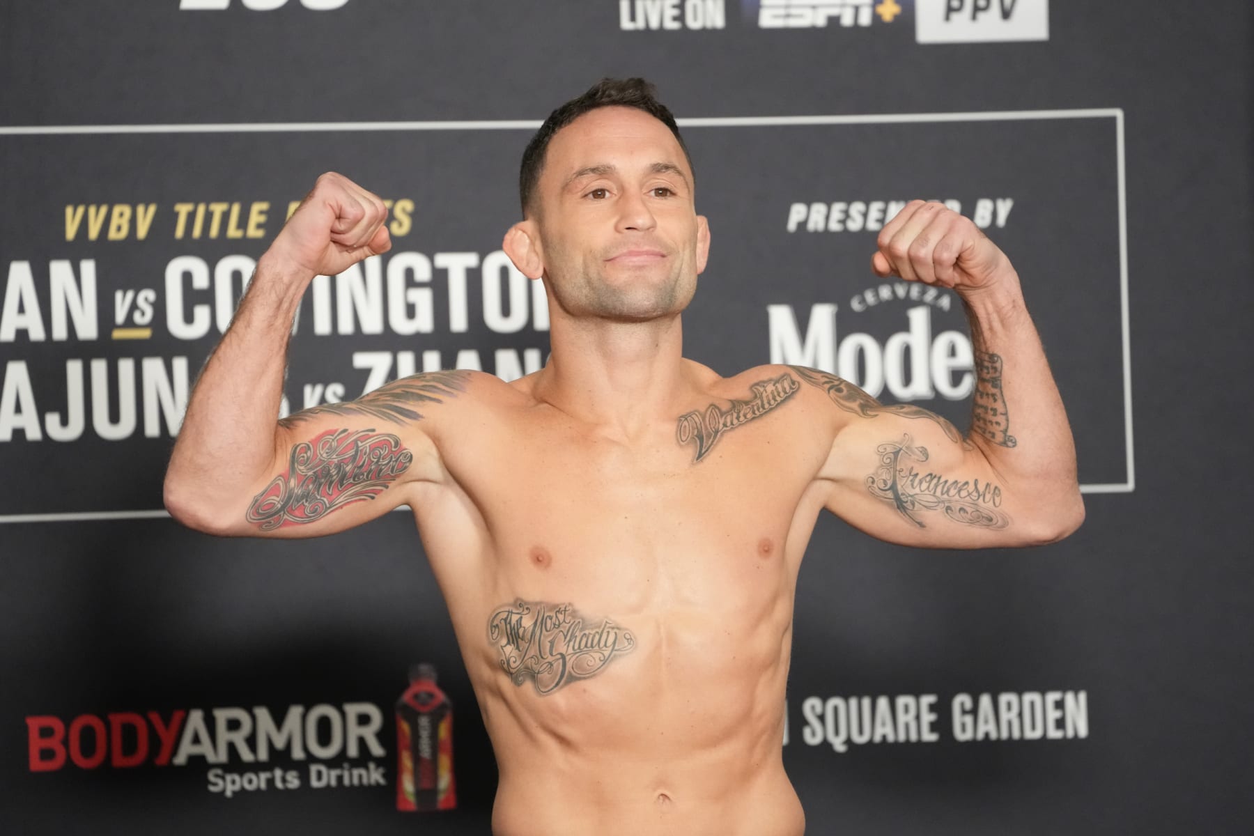 NEW YORK, NY - NOVEMBER 5: Frankie Edgar steps on the scale during the official weigh-in for UFC 268 on November 5, 2021, at Hilton Midtown in New York, NY. (Photo by Louis Grasse/PxImages/Icon Sportswire via Getty Images)