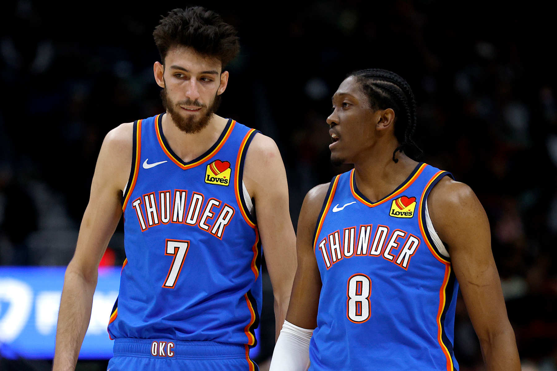 NEW ORLEANS, LOUISIANA - JANUARY 26: Chet Holmgren #7 of the Oklahoma City Thunder and Jalen Williams #8 of the Oklahoma City Thunder stand on the court during the third quarter of an NBA game at against the New Orleans Pelicans Smoothie King Center on January 26, 2024 in New Orleans, Louisiana. NOTE TO USER: User expressly acknowledges and agrees that, by downloading and or using this photograph, User is consenting to the terms and conditions of the Getty Images License Agreement. (Photo by Sean Gardner/Getty Images)