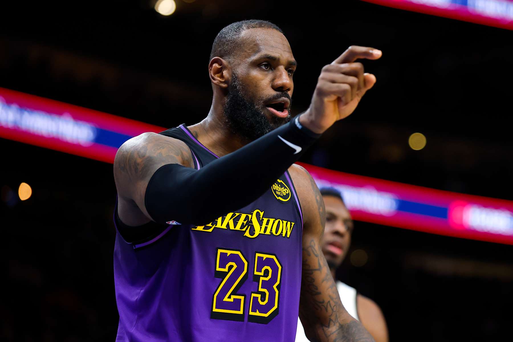 ATLANTA, GEORGIA - DECEMBER 6: LeBron James #23 of the Los Angeles Lakers reacts during the third quarter against the Atlanta Hawks at State Farm Arena on December 6, 2024 in Atlanta, Georgia. NOTE TO USER: User expressly acknowledges and agrees that, by downloading and or using this photograph, User is consenting to the terms and conditions of the Getty Images License Agreement. (Photo by Todd Kirkland/Getty Images)