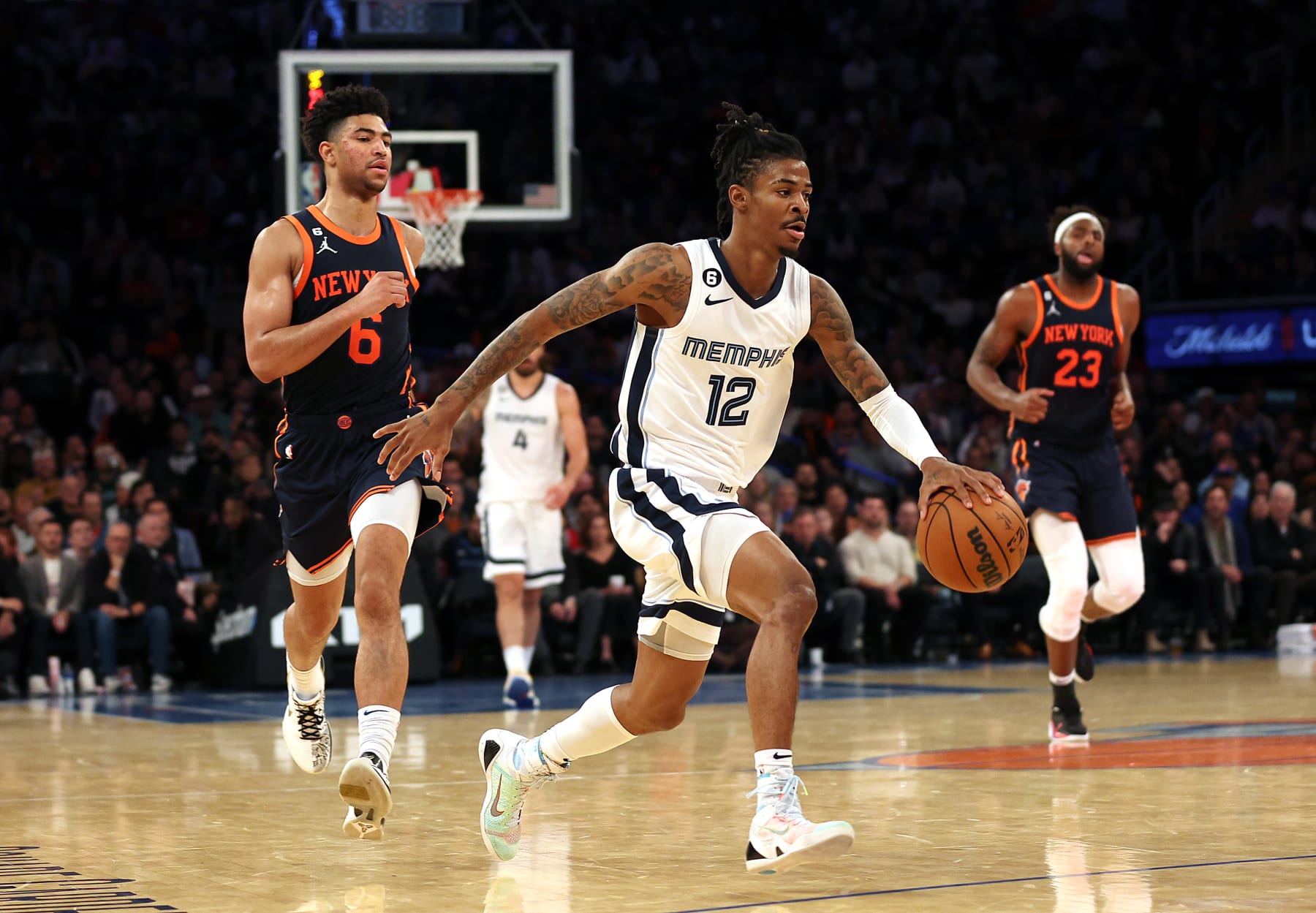 NEW YORK, NEW YORK - NOVEMBER 27:  Ja Morant #12 of the Memphis Grizzlies controls the ball during the game against the New York Knicks at Madison Square Garden on November 27, 2022 in New York City. (Photo by Jamie Squire/Getty Images)