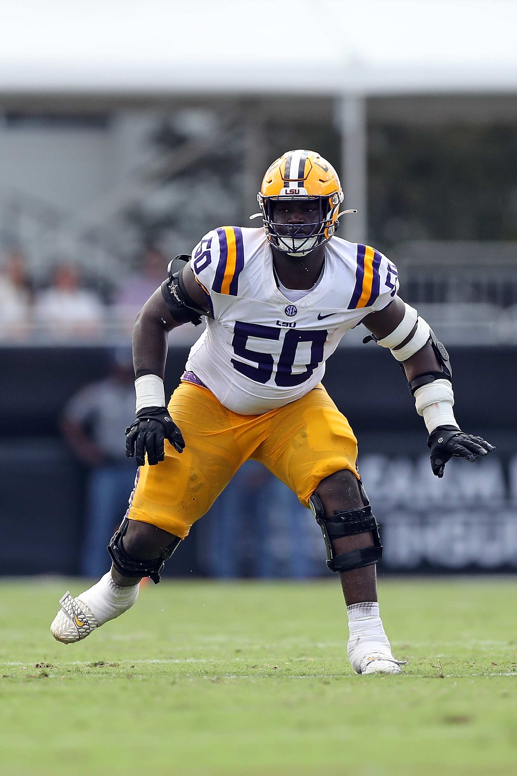 STARKVILLE, MISSISSIPPI - SEPTEMBER 16: Emery Jones Jr. #50 of the LSU Tigers during the game against Mississippi State at Davis Wade Stadium on September 16, 2023 in Starkville, Mississippi. (Photo by Justin Ford/Getty Images)