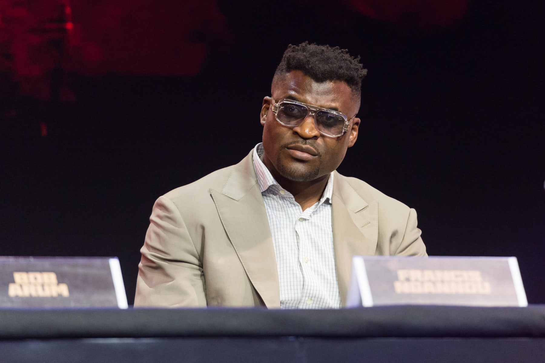 LONDON, UNITED KINGDOM - SEPTEMBER 07: Francis Ngannou, lineal MMA Heavyweight World Champion attends the Tyson Fury vs Francis Ngannou kick-off press conference at the Here at Outernet in London, United Kingdom on September 07, 2023. Fury and Ngannou will take part in a 10-round boxing match on Saturday, October 28th in Riyadh, Saudi Arabia, which will mark the opening of this year's Riyadh Season. (Photo by Wiktor Szymanowicz/Anadolu Agency via Getty Images)