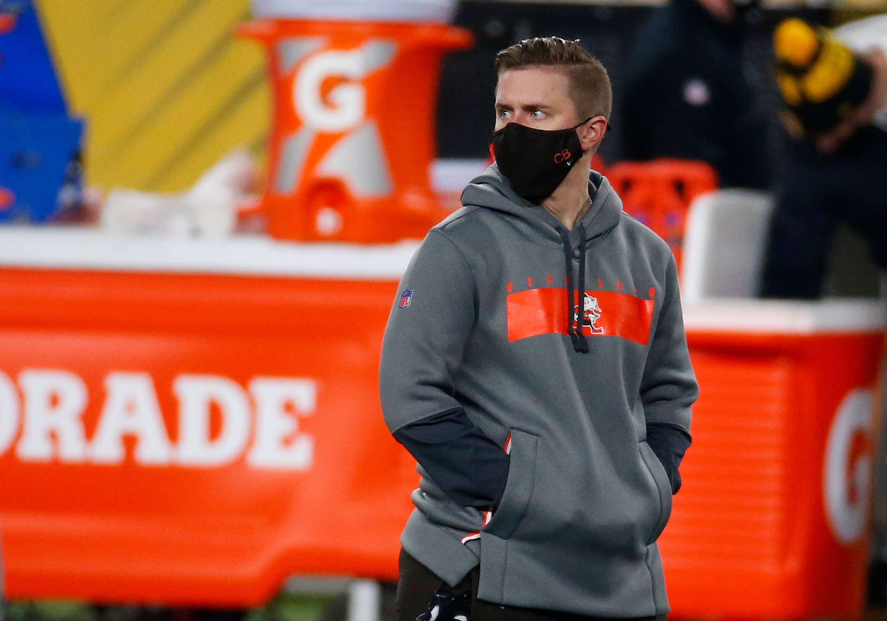 PITTSBURGH, PA - JANUARY 11:  Cleveland Browns assistant coach Callie Brownson in action against the Pittsburgh Steelers on January 11, 2021 at Heinz Field in Pittsburgh, Pennsylvania.  (Photo by Justin K. Aller/Getty Images)
