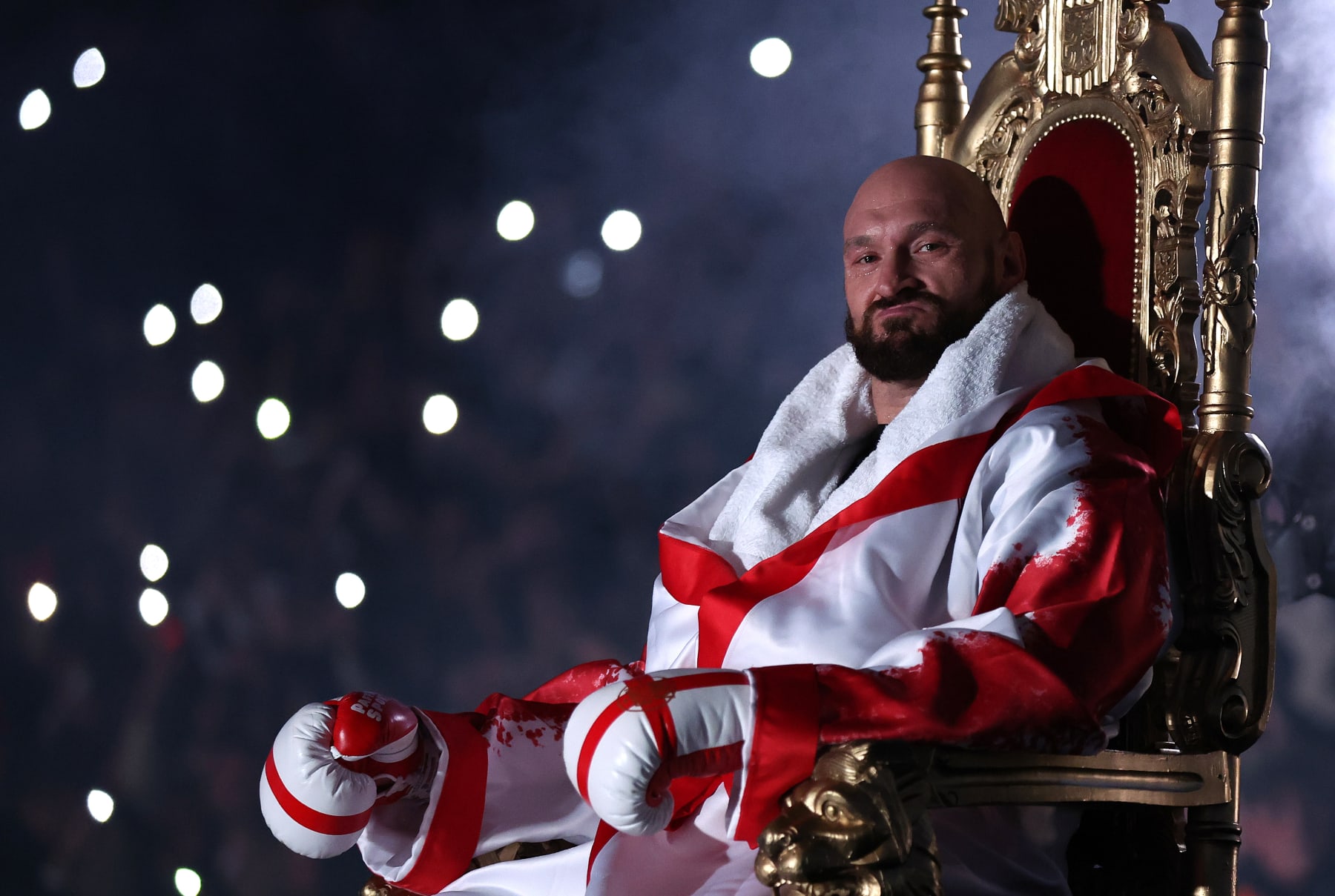 LONDON, ENGLAND - APRIL 23: Tyson Fury sits on his throne before entering the ring prior to the WBC World Heavyweight Title Fight between Tyson Fury and Dillian Whyte at Wembley Stadium on April 23, 2022 in London, England. (Photo by Julian Finney/Getty Images)