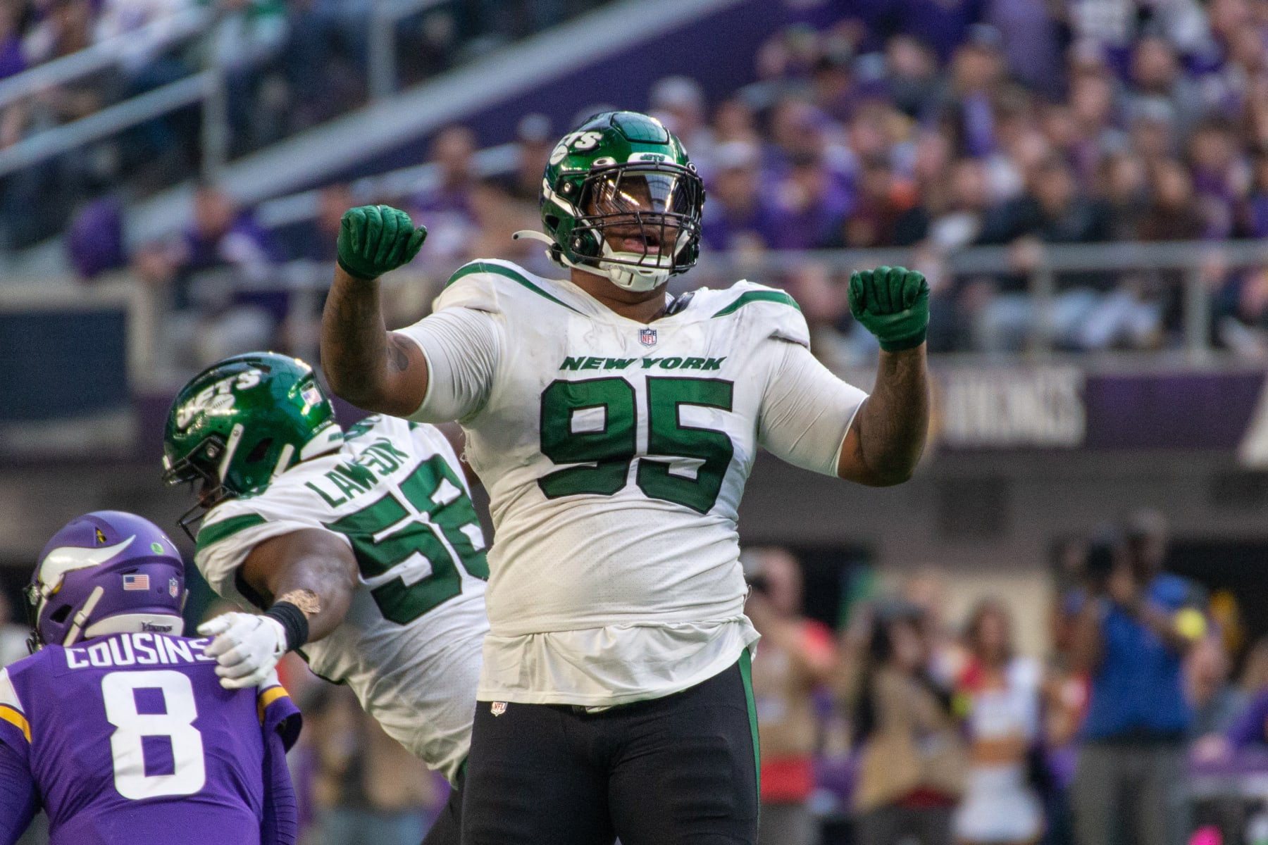 MINNEAPOLIS, MN - DECEMBER 04: New York Jets defensive tackle Quinnen Williams (95) celebrates a sack during the NFL game between the New York Jets and the Minnesota Vikings on December 4th, 2022, at U.S. Bank Stadium, in Minneapolis, MN. (Photo by Bailey Hillesheim/Icon Sportswire via Getty Images)