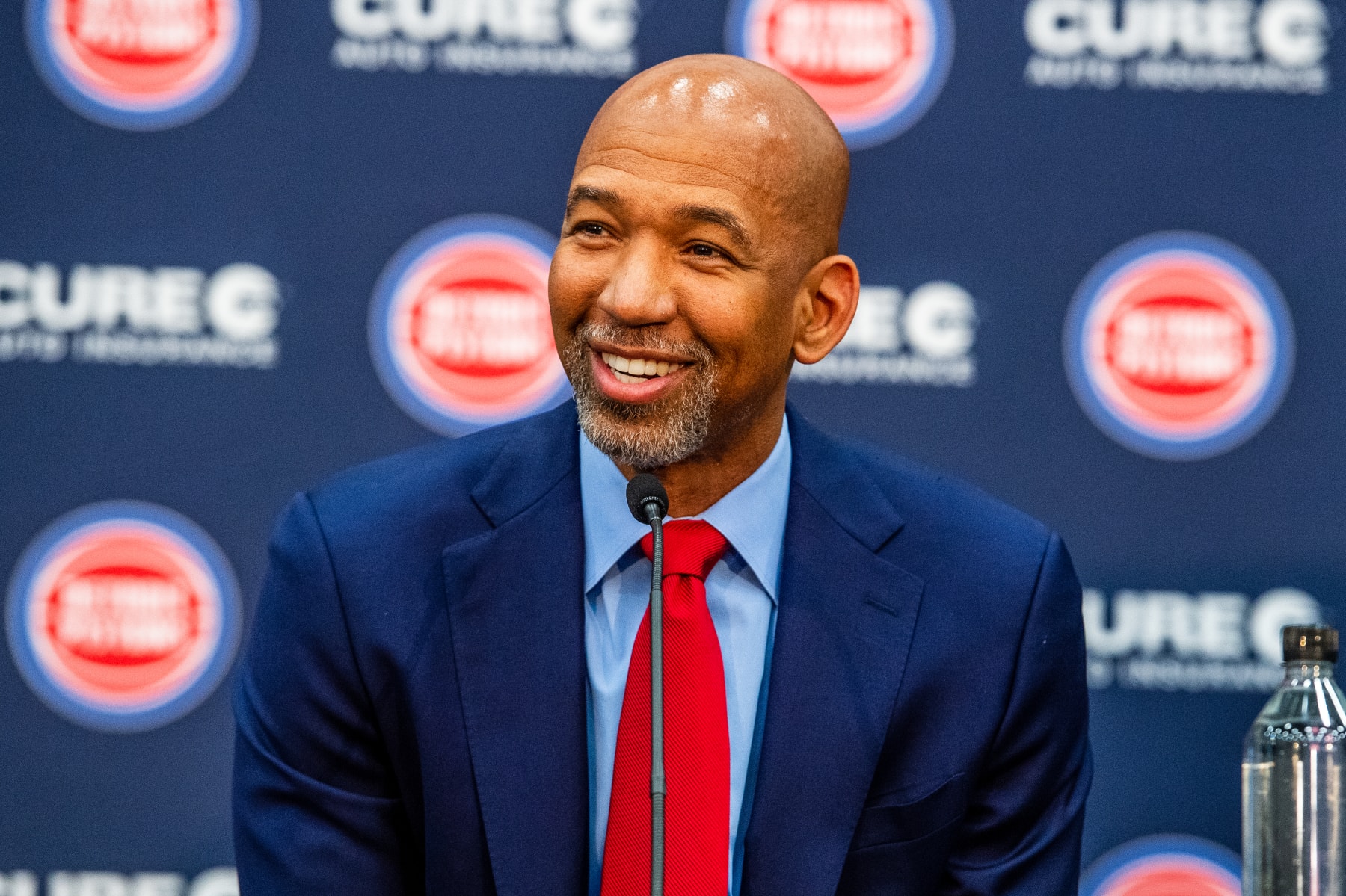 DETROIT, MI - JUNE 13: New head coach Monty Williams of the Detroit Pistons smiles during the press conference on June 13, 2023 in Detroit, Michigan. NOTE TO USER: User expressly acknowledges and agrees that, by downloading and or using this photograph, User is consenting to the terms and conditions of the Getty Images License Agreement. Mandatory Copyright Notice: Copyright 2023 NBAE (Photo by Chris Schwegler/NBAE via Getty Images)