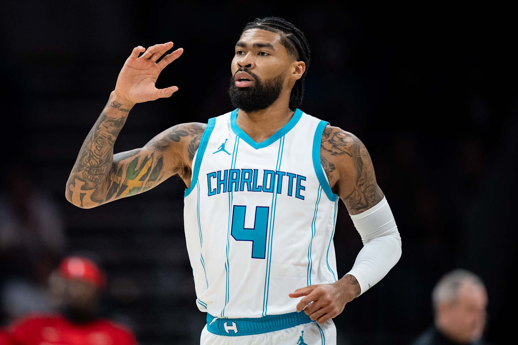 CHARLOTTE, NORTH CAROLINA - OCTOBER 30: Nick Richards #4 of the Charlotte Hornets looks on in the first quarter during their game against the Toronto Raptors at Spectrum Center on October 30, 2024 in Charlotte, North Carolina. NOTE TO USER: User expressly acknowledges and agrees that, by downloading and or using this photograph, User is consenting to the terms and conditions of the Getty Images License Agreement. (Photo by Jacob Kupferman/Getty Images)
