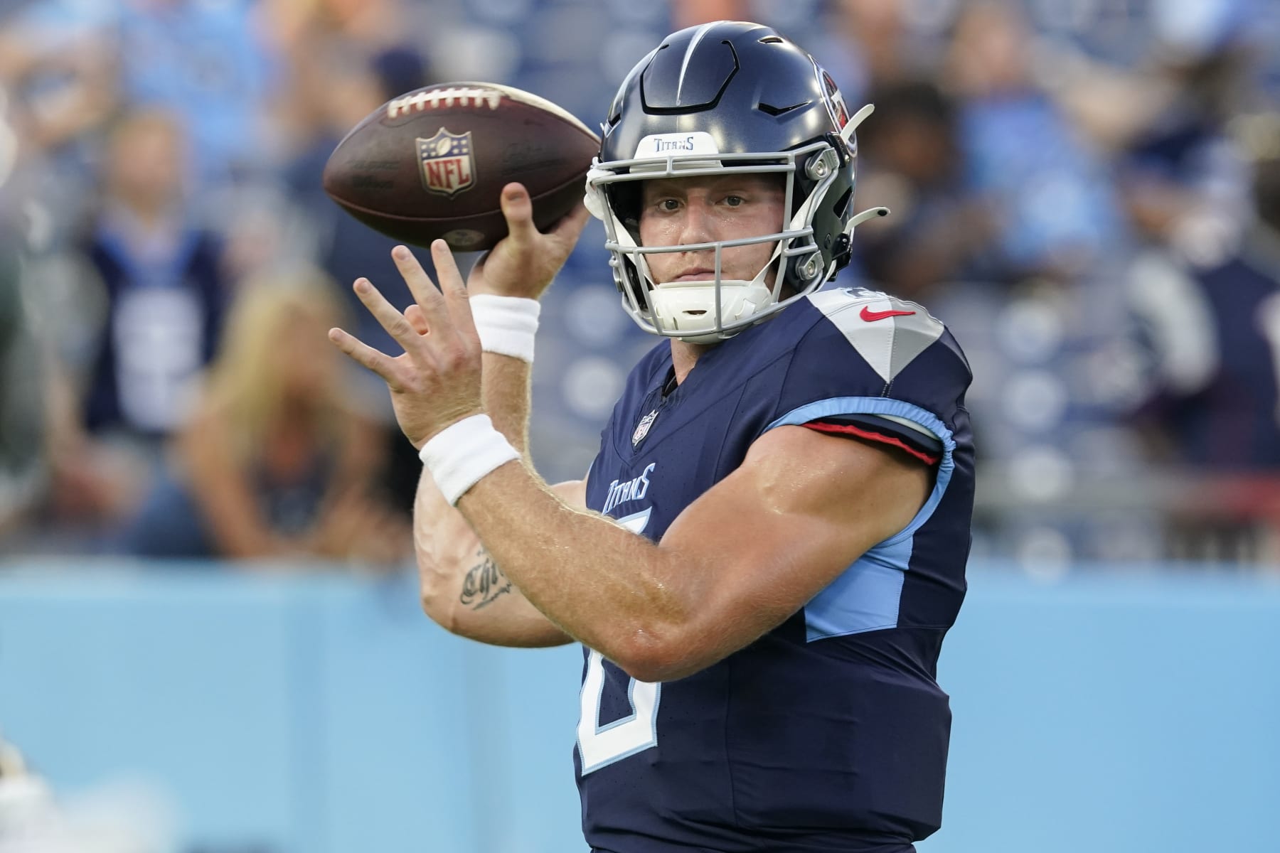 Tennessee Titans quarterback Will Levis warms up before an NFL preseason football game against the New England Patriots, Friday, Aug. 25, 2023, in Nashville, Tenn. (AP Photo/George Walker IV)