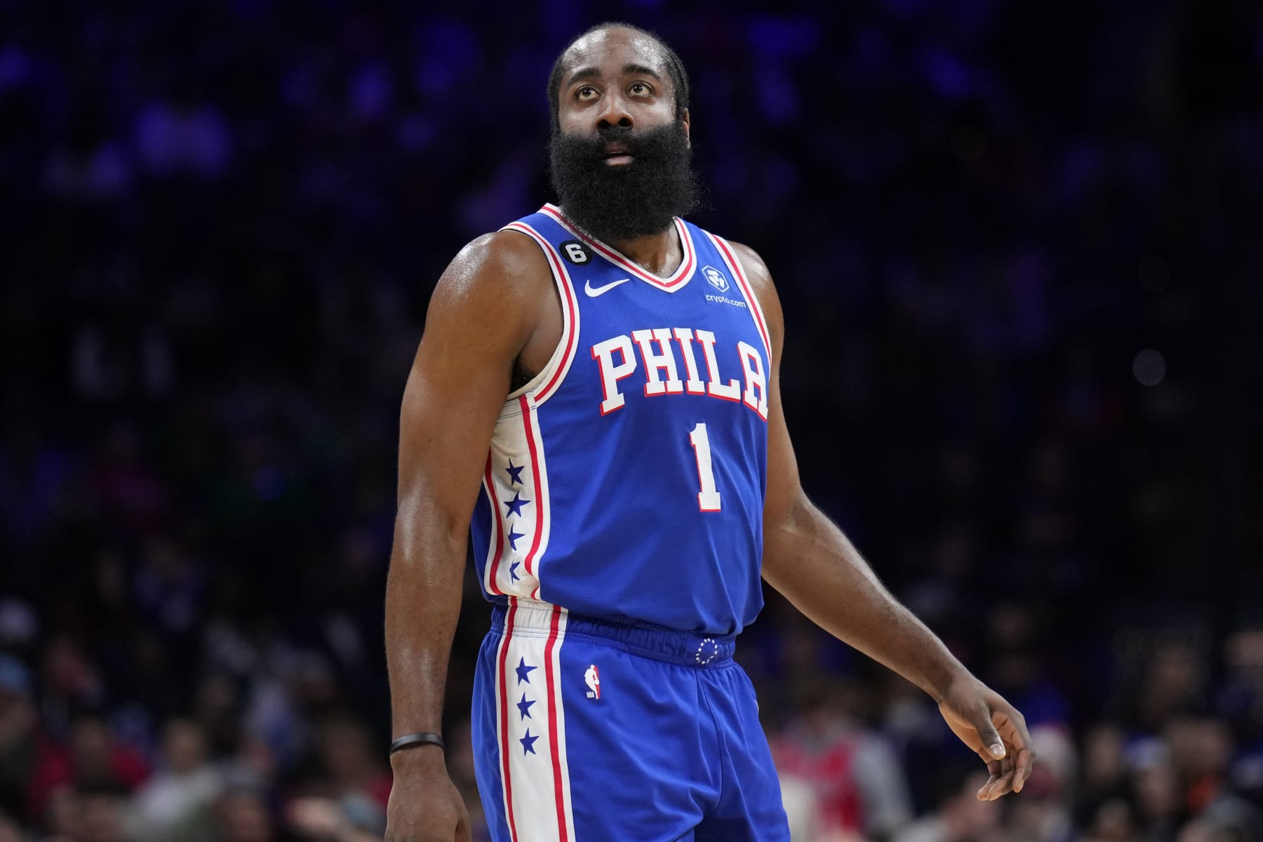 PHILADELPHIA, PA - DECEMBER 13: James Harden #1 of the Philadelphia 76ers looks on during the game against the Sacramento Kings on December 13, 2022 at the Wells Fargo Center in Philadelphia, Pennsylvania NOTE TO USER: User expressly acknowledges and agrees that, by downloading and/or using this Photograph, user is consenting to the terms and conditions of the Getty Images License Agreement. Mandatory Copyright Notice: Copyright 2022 NBAE (Photo by Jesse D. Garrabrant/NBAE via Getty Images)