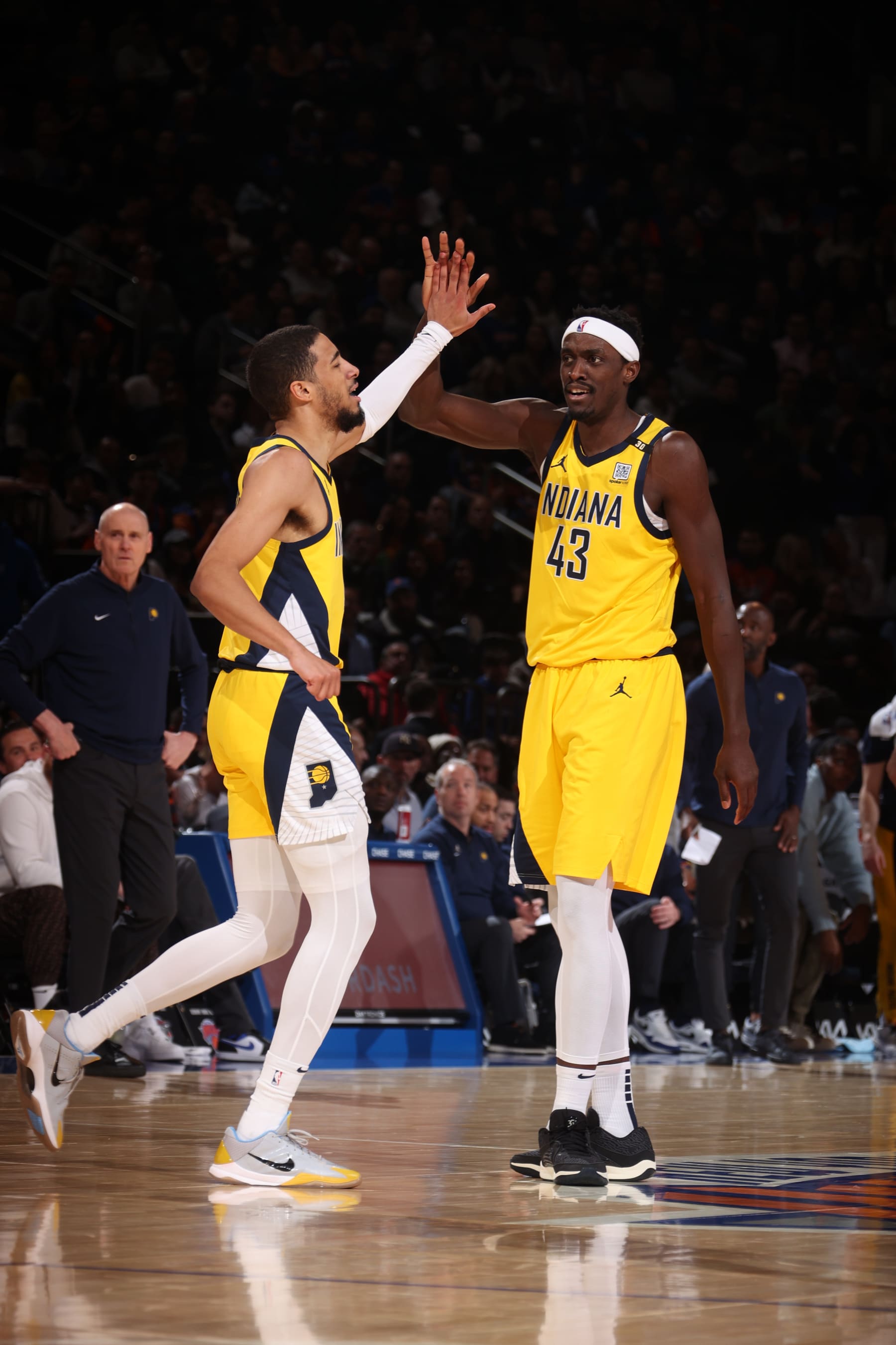 NEW YORK, NY - FEBRUARY 1:Pascal Siakam #43 high fives Tyrese Haliburton #0 of the Indiana Pacers during the game against the New York Knicks  on February 1, 2024 at Madison Square Garden in New York City, New York.  NOTE TO USER: User expressly acknowledges and agrees that, by downloading and or using this photograph, User is consenting to the terms and conditions of the Getty Images License Agreement. Mandatory Copyright Notice: Copyright 2024 NBAE  (Photo by Nathaniel S. Butler/NBAE via Getty Images)