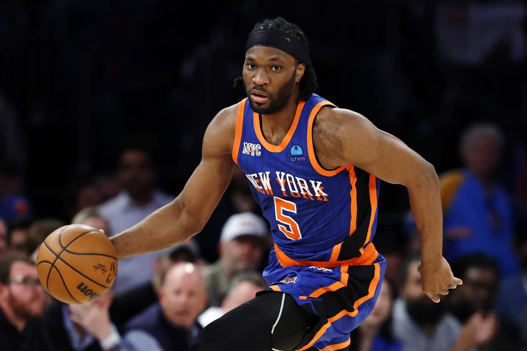 NEW YORK, NEW YORK - MAY 14: Precious Achiuwa #5 of the New York Knicks dribbles during Game Five of the Eastern Conference Second Round Playoffs against the Indiana Pacers at Madison Square Garden on May 14, 2024 in New York City. The Knicks won 121-91. NOTE TO USER: User expressly acknowledges and agrees that, by downloading and or using this photograph, User is consenting to the terms and conditions of the Getty Images License Agreement. (Photo by Sarah Stier/Getty Images)
