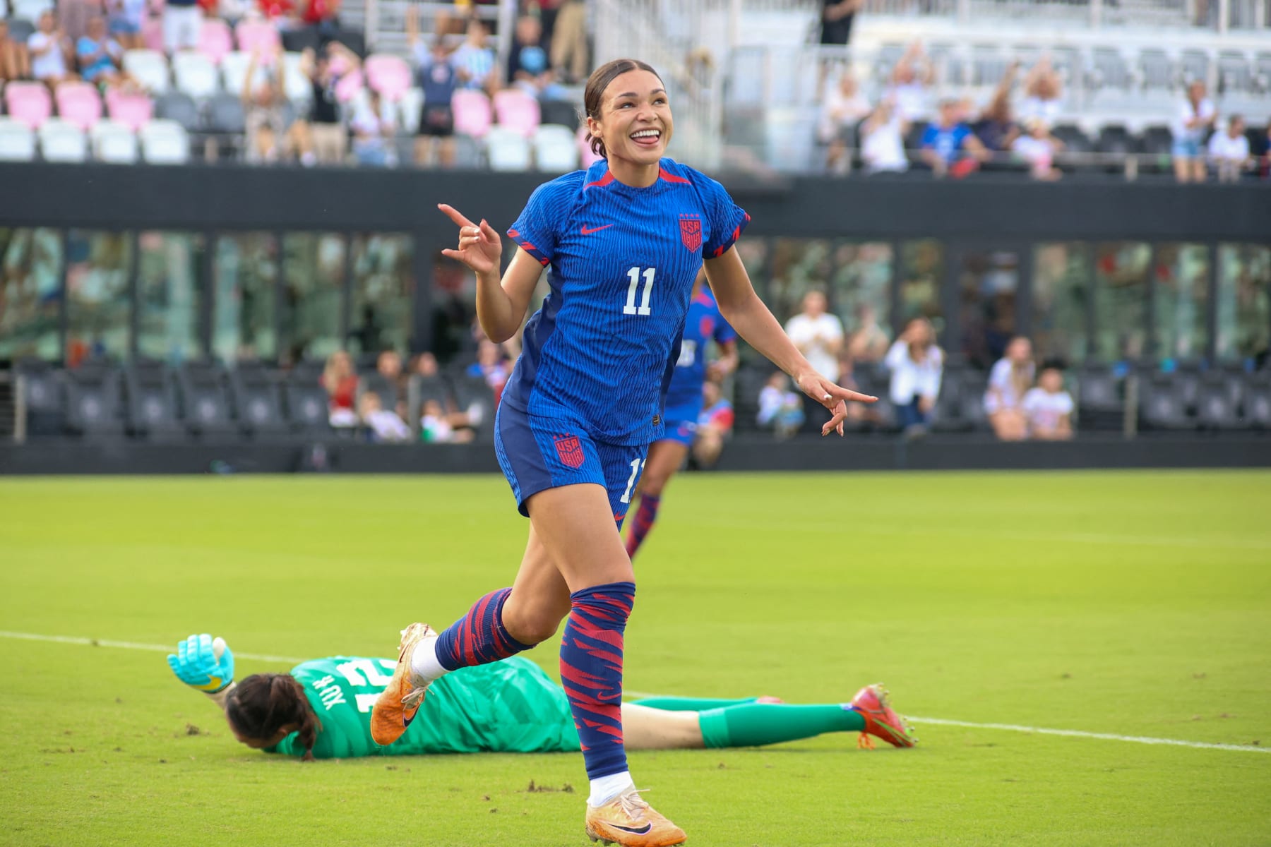 Sophia Smith of Team United States celebrates after scoring a goal during the USWNT v China PR, international friendly game, at DRV PNK Stadium in Fort Lauderdale, Florida, on December 2, 2023. (Photo by Chris Arjoon / AFP) (Photo by CHRIS ARJOON/AFP via Getty Images)