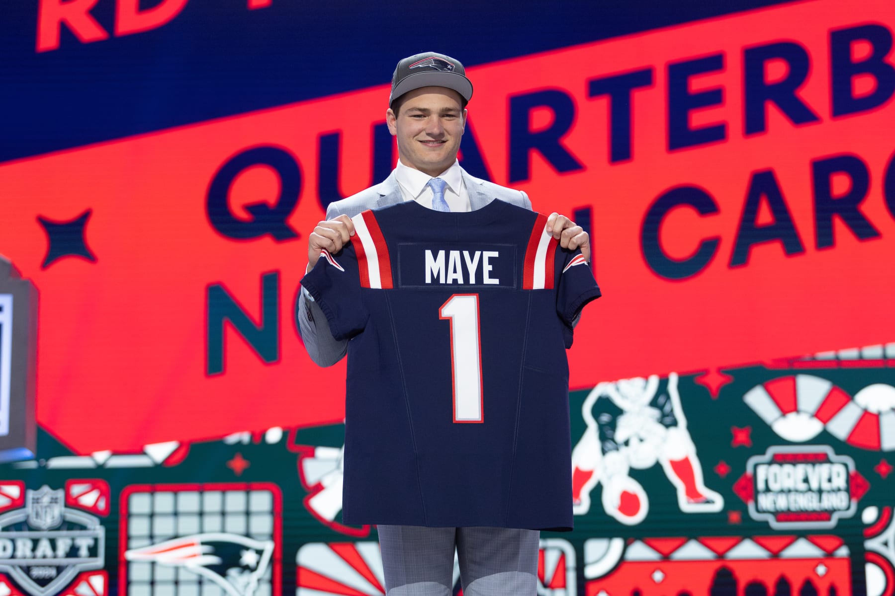 DETROIT, MI - APRIL 25: The New England Patriots select North Carolina Quarterback Drake Maye during day 1 of the NFL Draft on April 25, 2024 at Fox Theatre in Detroit, MI. (Photo by John Smolek/Icon Sportswire via Getty Images)