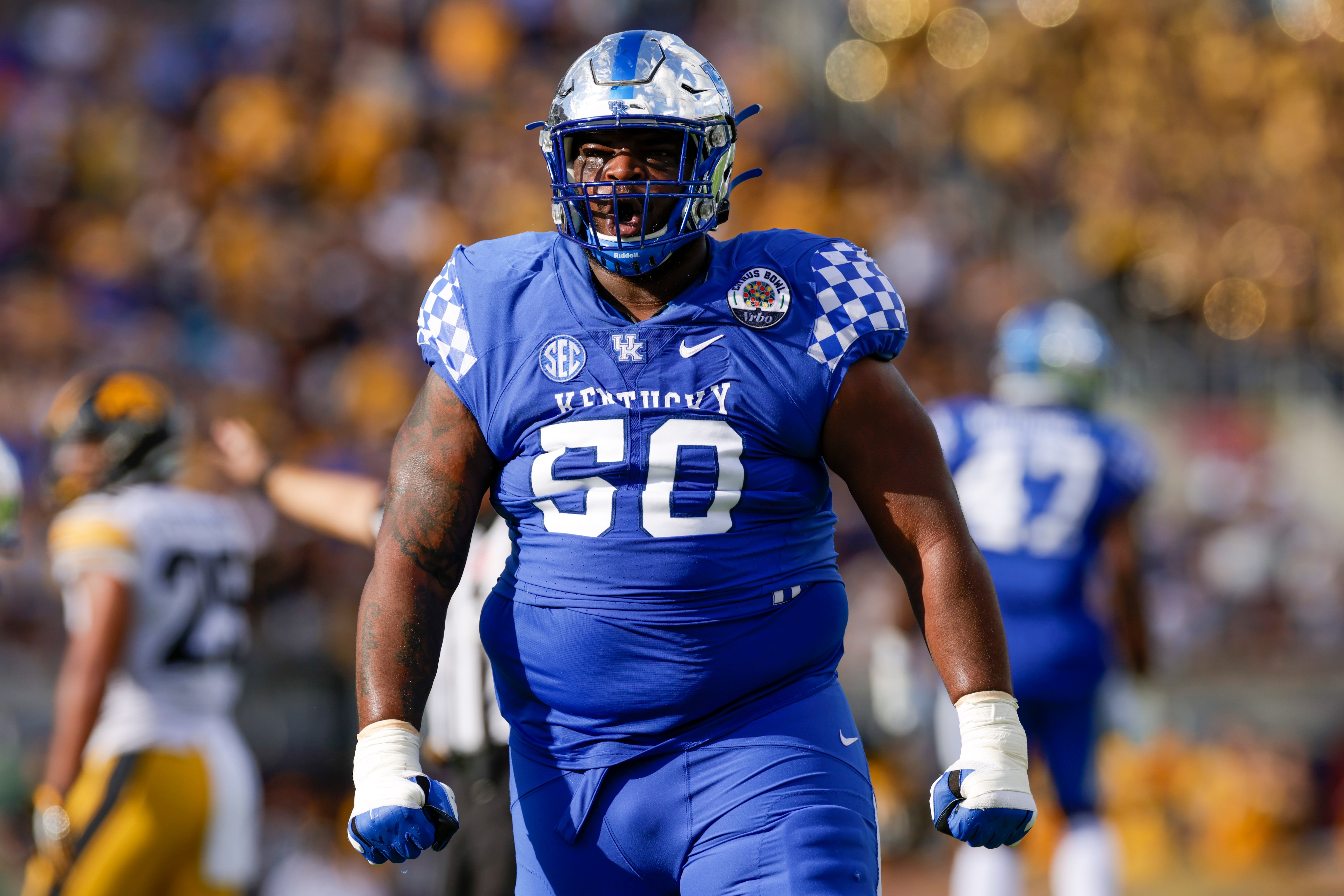 ORLANDO, FL - JANUARY 01: Kentucky Wildcats nose tackle Marquan McCall (50) reacts after a play during the Vrbo Citrus Bowl game between the Iowa Hawkeyes and the Kentucky Wildcats on January 1, 2022 at Camping World Stadium in Orlando, Fl. (Photo by David Rosenblum/Icon Sportswire via Getty Images)