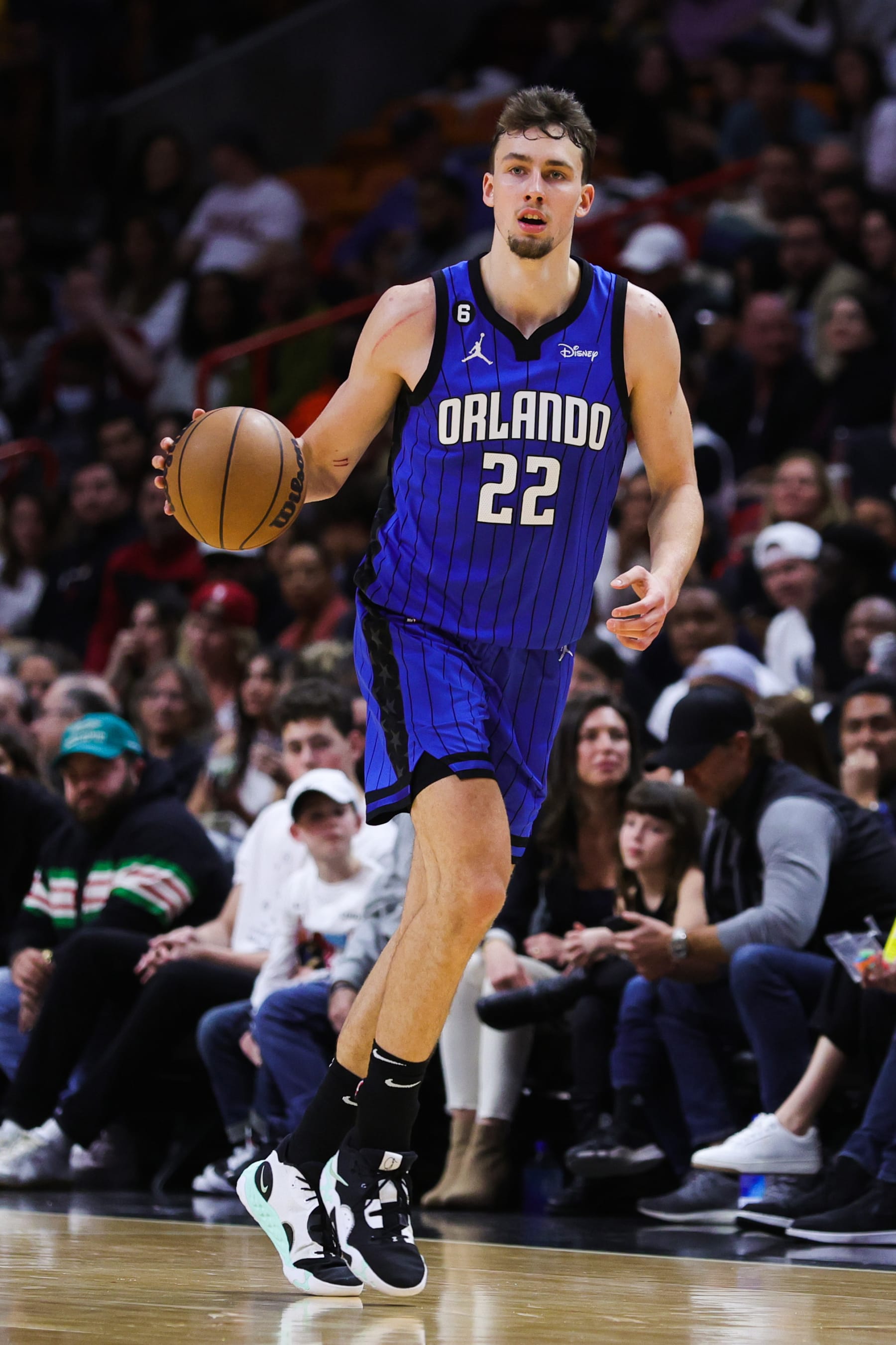 MIAMI, FLORIDA - JANUARY 27: Franz Wagner #22 of the Orlando Magic in action against the Miami Heat during the second quarter at Miami-Dade Arena on January 27, 2023 in Miami, Florida. NOTE TO USER: User expressly acknowledges and agrees that, by downloading and or using this photograph, User is consenting to the terms and conditions of the Getty Images License Agreement. (Photo by Megan Briggs/Getty Images)