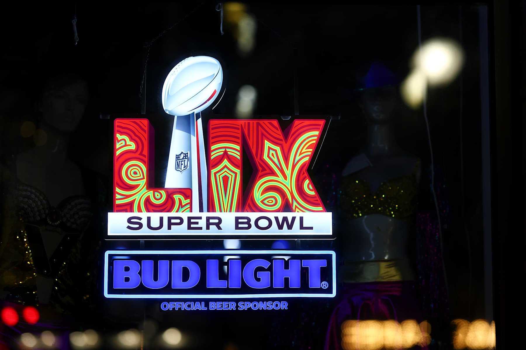 NEW ORLEANS, LOUISIANA - DECEMBER 14: The Super Bowl 59 logo on a neon Bud Light promotional display in the French Quarter on December 14, 2024 in New Orleans, Louisiana. (Photo by Aaron M. Sprecher/Getty Images)
