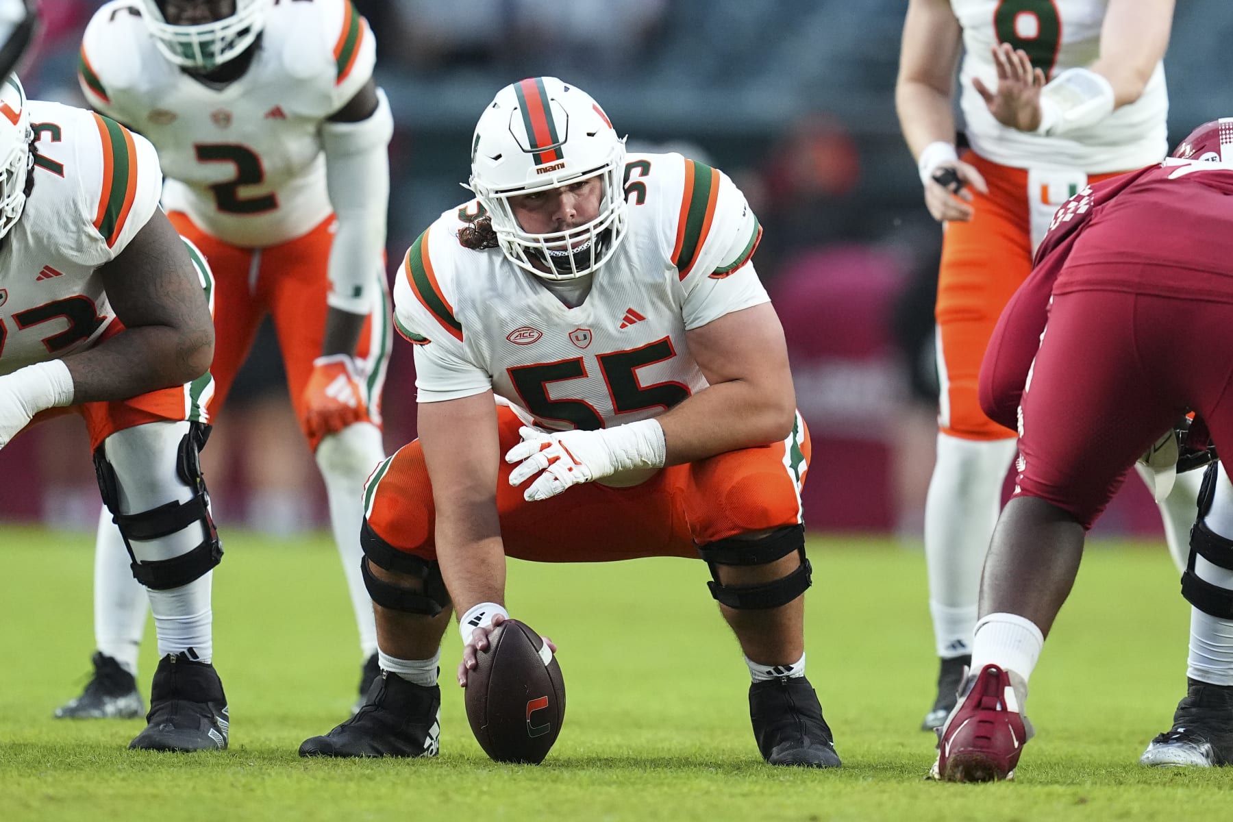 PHILADELPHIA, PENNSYLVANIA - SEPTEMBER 23: Matt Lee #55 of the Miami Hurricanes in action against the Temple Owls at Lincoln Financial Field on September 23, 2023 in Philadelphia, Pennsylvania. The Miami Hurricanes defeated the Temple Owls 41-7. (Photo by Mitchell Leff/Getty Images)