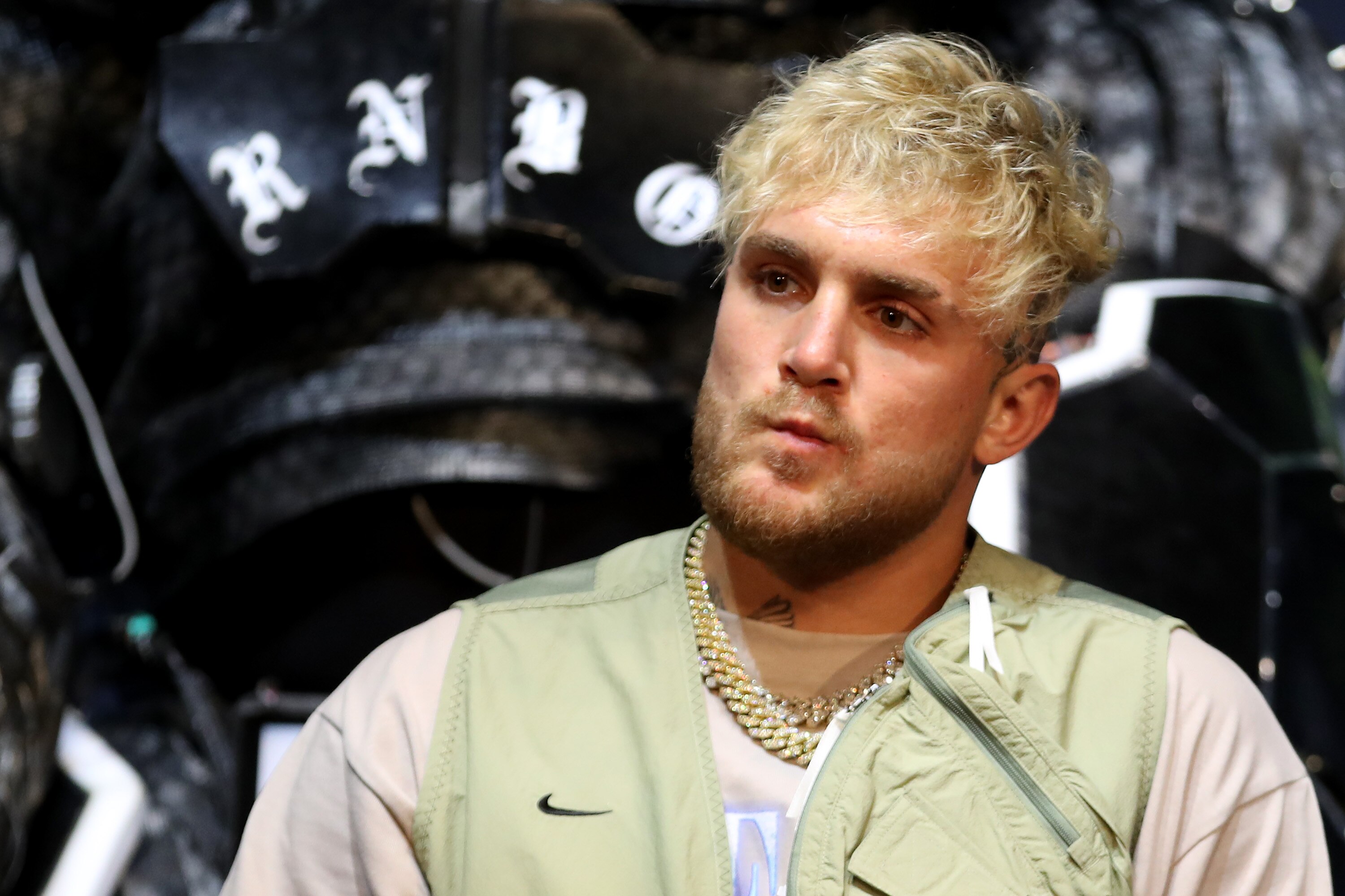 LOS ANGELES, CALIFORNIA - JULY 13: Jake Paul looks on during a press conference before his cruiserweight fight against Tyron Woodley at The Novo by Microsoft at L.A. Live on July 13, 2021 in Los Angeles, California. (Photo by Katelyn Mulcahy/Getty Images)