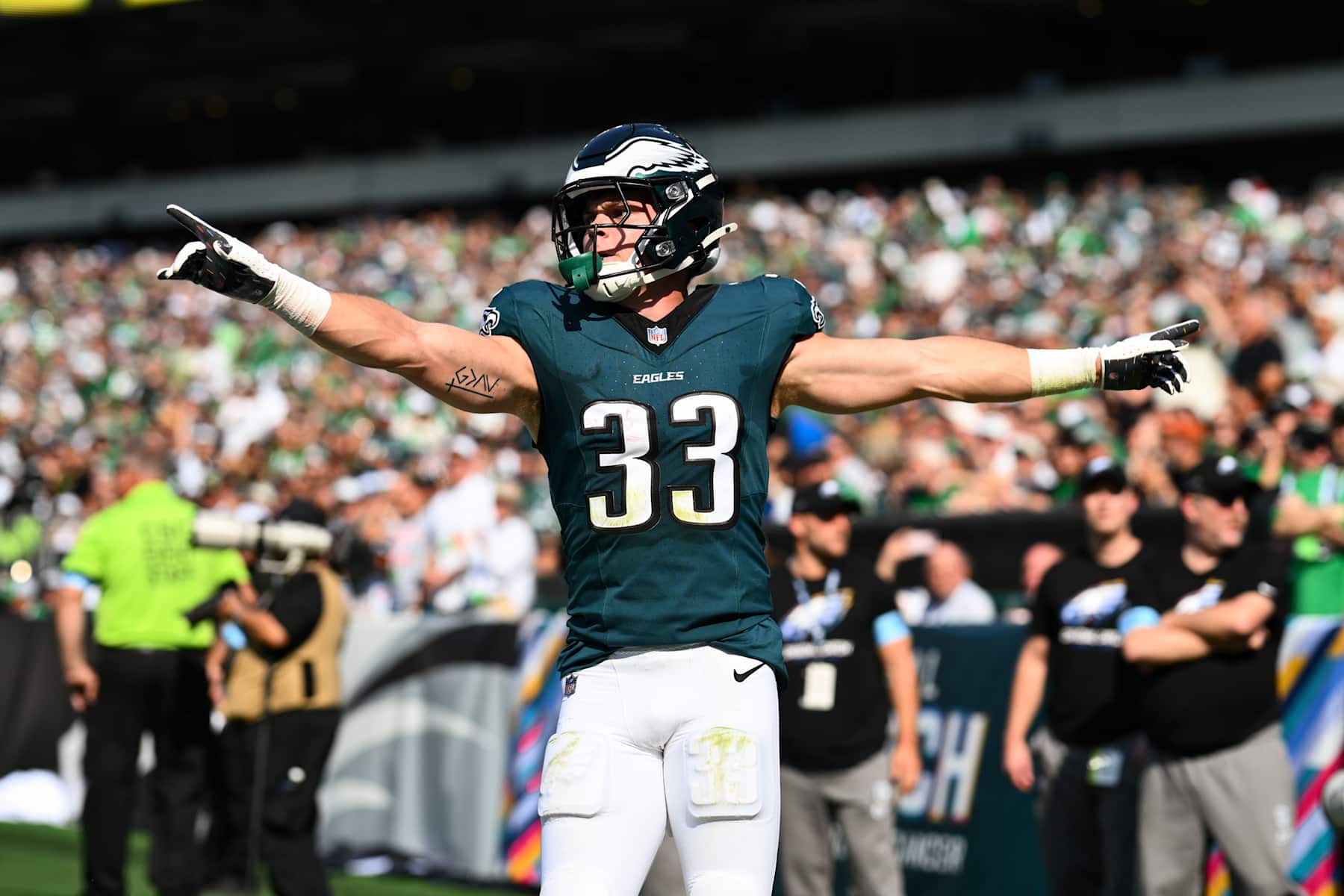 PHILADELPHIA, PA - OCTOBER 13: Philadelphia Eagles defensive back Cooper DeJean (33) reacts in the second quarter during the game between the Cleveland Browns and Philadelphia Eagles on October 13, 2024 at Lincoln Financial Field in Philadelphia, PA. (Photo by Kyle Ross/Icon Sportswire via Getty Images)