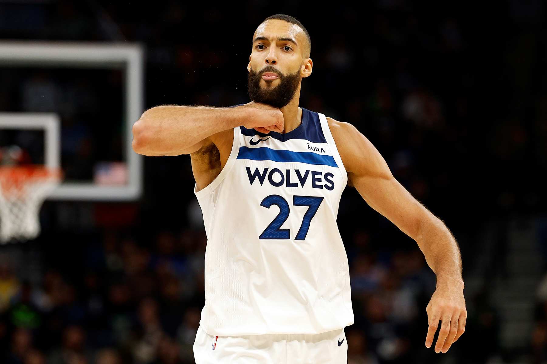 MINNEAPOLIS, MINNESOTA - NOVEMBER 30: Rudy Gobert #27 of the Minnesota Timberwolves reacts to a play on the floor against the Utah Jazz in the fourth quarter at Target Center on November 30, 2023 in Minneapolis, Minnesota. The Timberwolves defeated the Jazz 101-90. NOTE TO USER: User expressly acknowledges and agrees that, by downloading and or using this photograph, User is consenting to the terms and conditions of the Getty Images License Agreement. (Photo by David Berding/Getty Images)