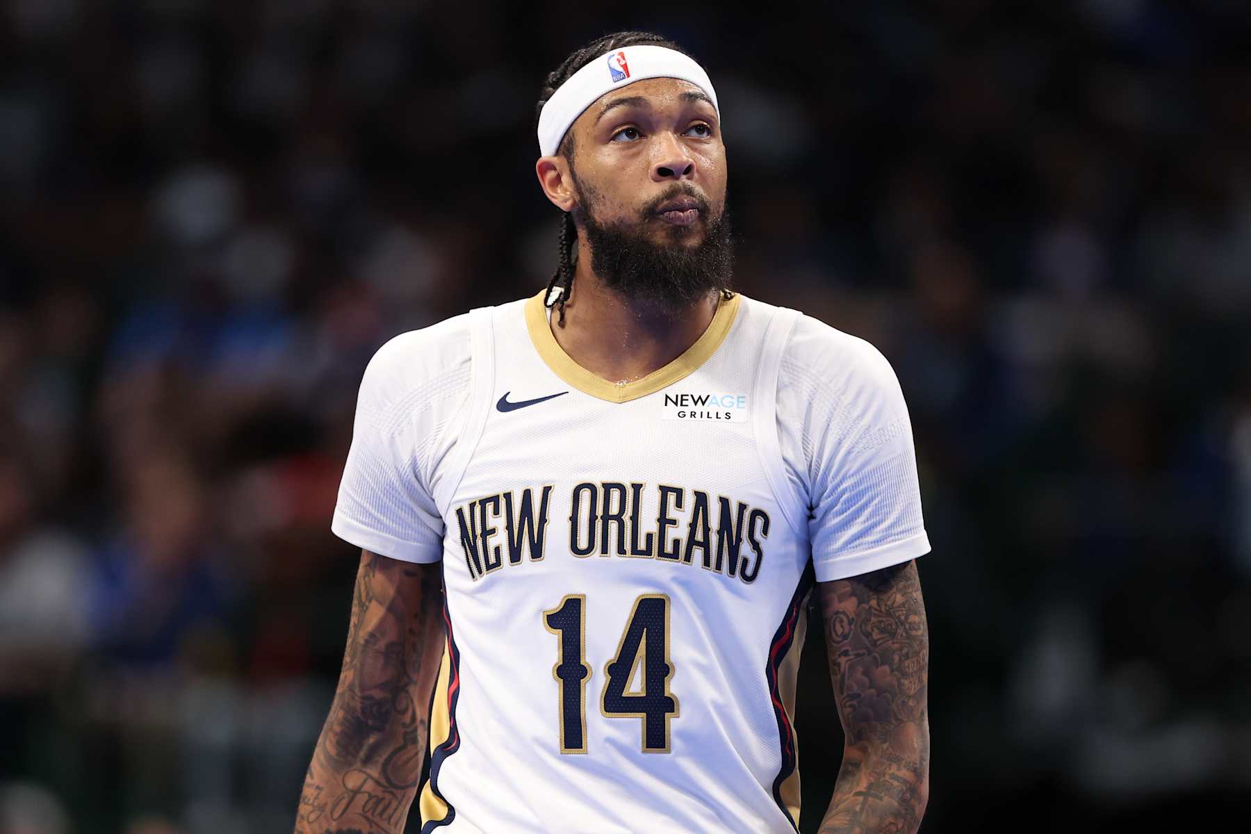 DALLAS, TEXAS - NOVEMBER 19: Brandon Ingram #14 of the New Orleans Pelicans looks on during the first half of an Emirates NBA Cup game against the Dallas Mavericks at American Airlines Center on November 19, 2024 in Dallas, Texas. NOTE TO USER: User expressly acknowledges and agrees that, by downloading and/or using this photograph, user is consenting to the terms and conditions of the Getty Images License Agreement. (Photo by Sam Hodde/Getty Images)