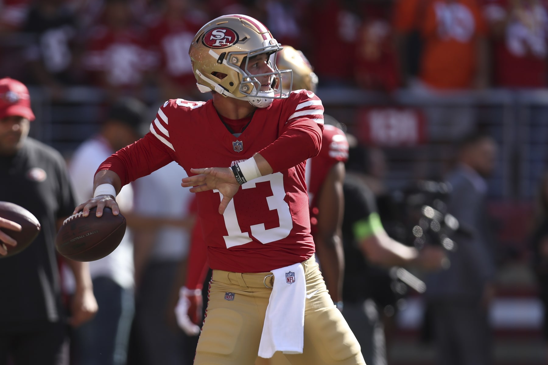 San Francisco 49ers quarterback Brock Purdy (13) warms up before an NFL preseason football game against the Denver Broncos in Santa Clara, Calif., Saturday, Aug. 19, 2023. (AP Photo/Jed Jacobsohn)