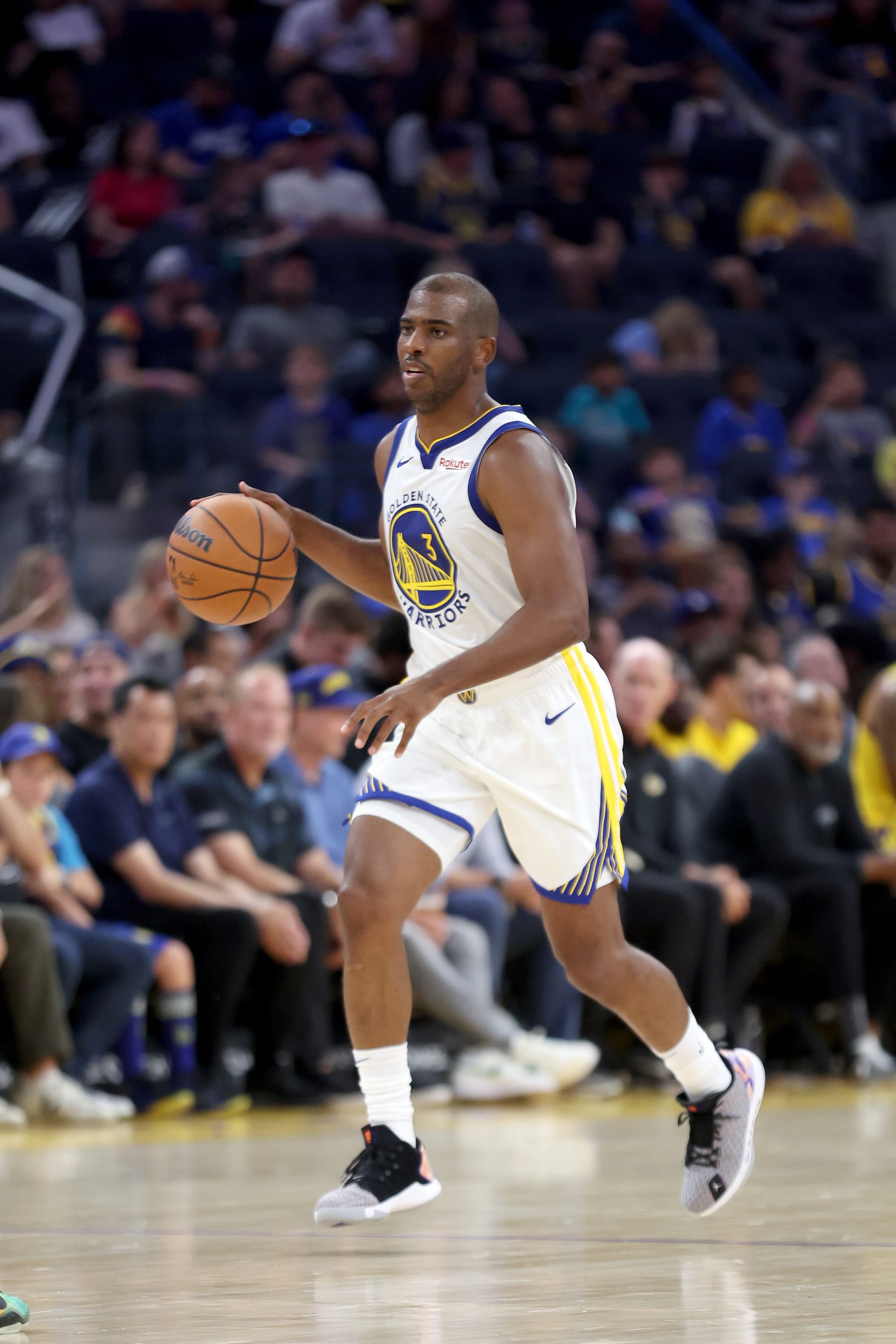 SAN FRANCISCO, CALIFORNIA - OCTOBER 07: Chris Paul #3 of the Golden State Warriors dribbles up court against the Los Angeles Lakers at Chase Center on October 07, 2023 in San Francisco, California. NOTE TO USER: User expressly acknowledges and agrees that, by downloading and/or using this photograph, user is consenting to the terms and conditions of the Getty Images License Agreement. (Photo by Ezra Shaw/Getty Images)