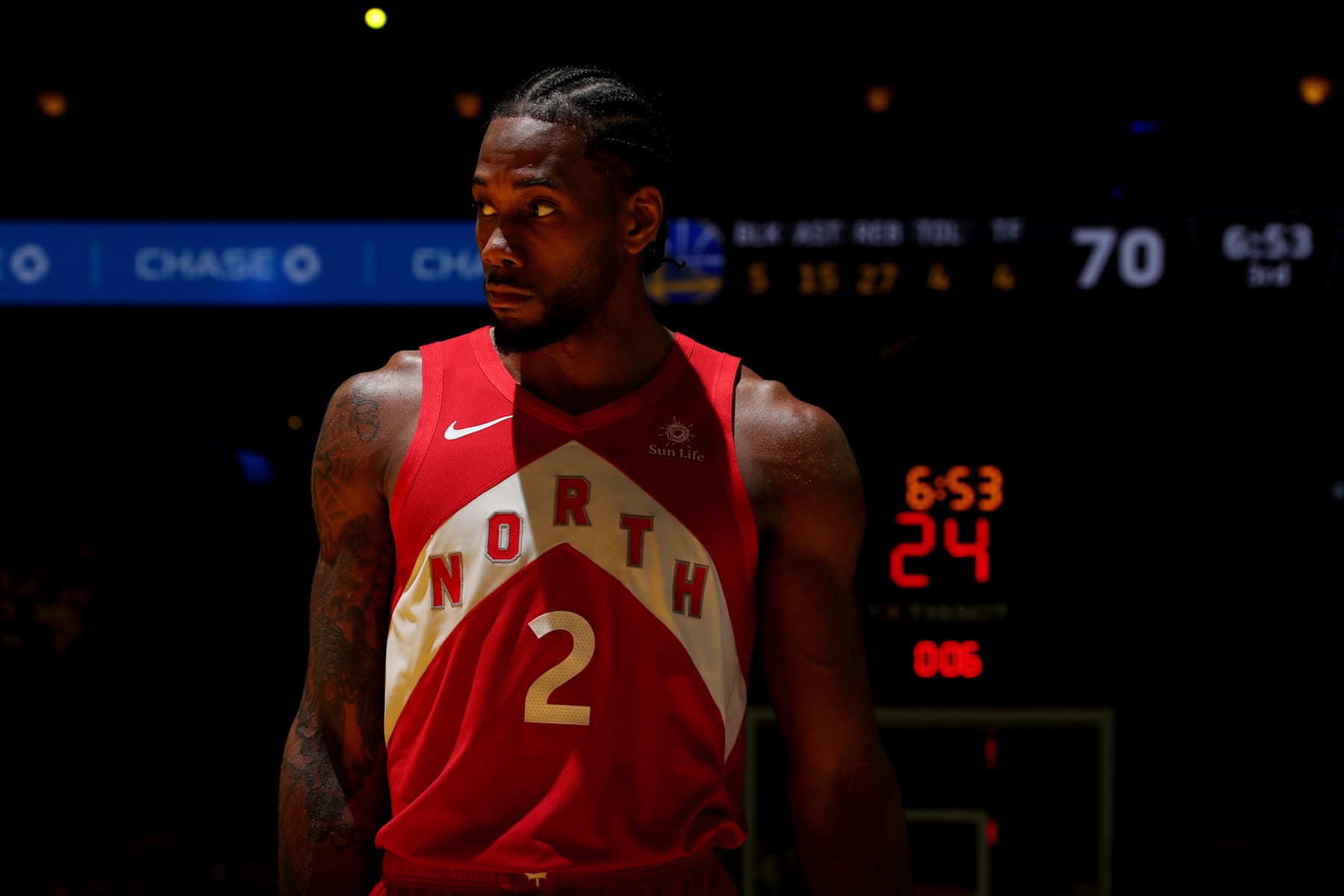 OAKLAND, CA - JUNE 13: Kawhi Leonard #2 of the Toronto Raptors looks on against the Golden State Warriors during Game Six of the 2019 NBA Finals on June 13, 2019 at ORACLE Arena in Oakland, California. NOTE TO USER: User expressly acknowledges and agrees that, by downloading and/or using this photograph, user is consenting to the terms and conditions of Getty Images License Agreement. Mandatory Copyright Notice: Copyright 2019 NBAE (Photo by Nathaniel S. Butler/NBAE via Getty Images)