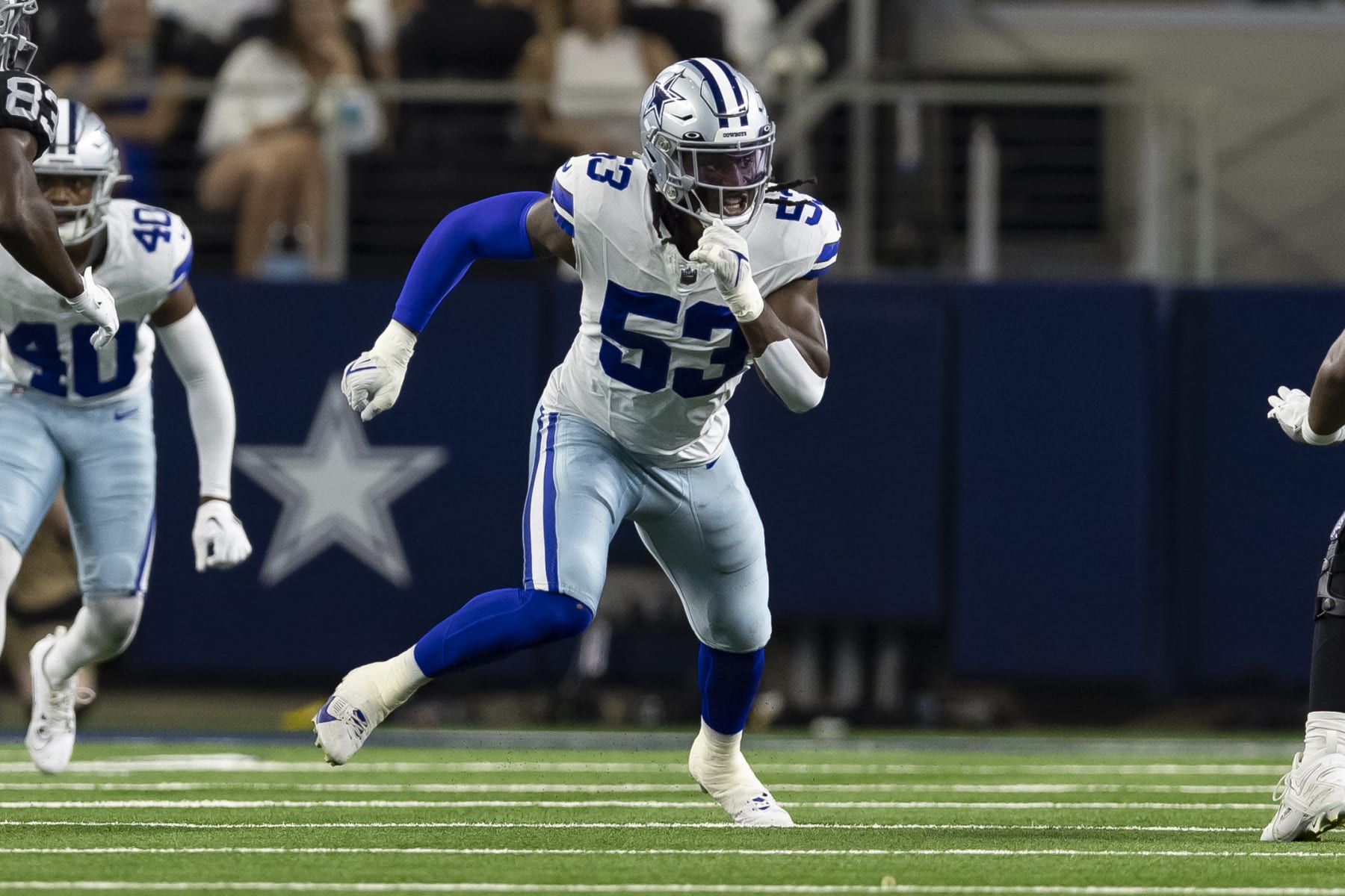 Dallas Cowboys linebacker Isaiah Land (53) is seen during the first half of an NFL football game against the Las Vegas Raiders, Saturday, Aug. 26, 2023, in Arlington, Texas. Dallas won 31-16. (AP Photo/Brandon Wade)