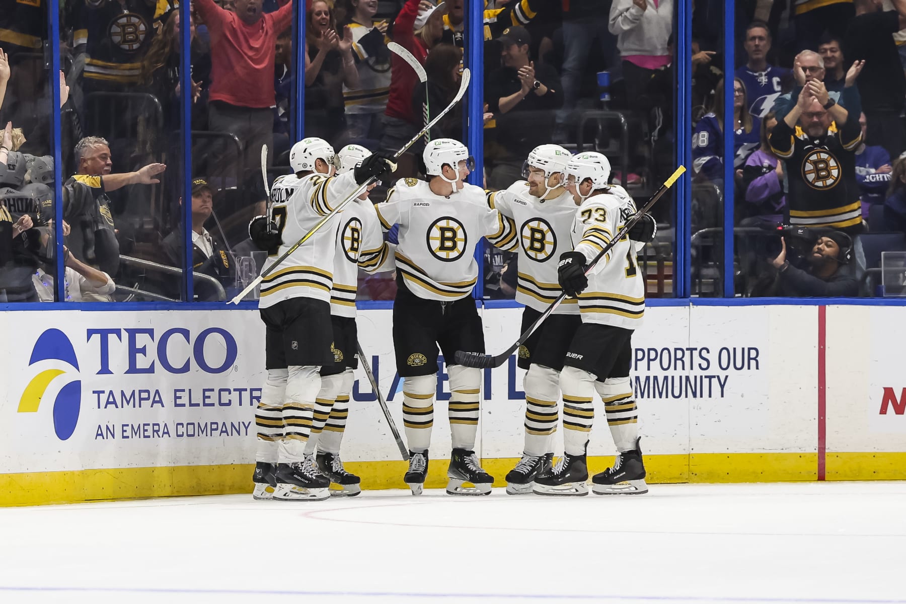 TAMPA, FL - NOVEMBER 20: Charlie Coyle #13 of the Boston Bruins celebrates a goal against the Tampa Bay Lightning during the third period at Amalie Arena on November 20, 2023 in Tampa, Florida. (Photo by Mark LoMoglio/NHLI via Getty Images)