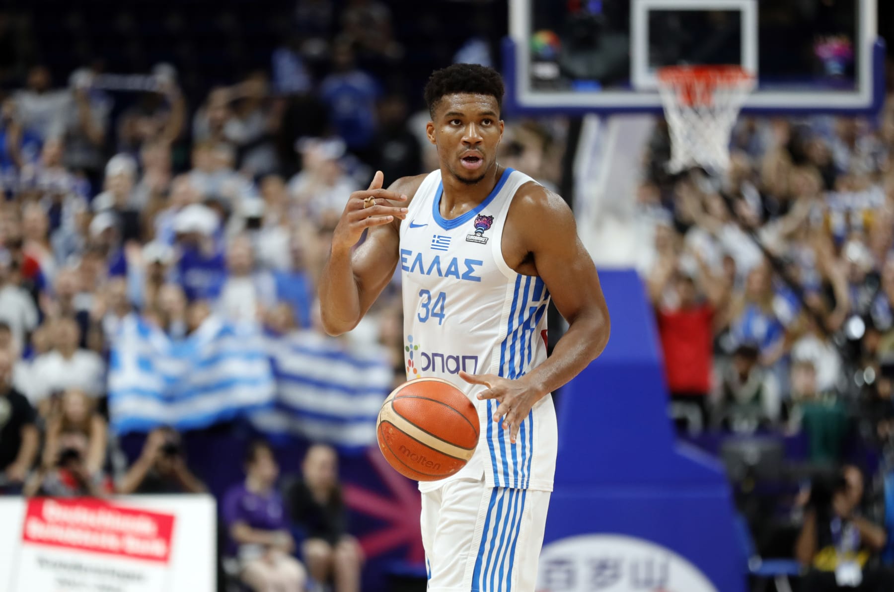 BERLIN, GERMANY - SEPTEMBER 11: Giannis Antetokounmpo of Greece   during the FIBA EuroBasket 2022 round of 16 match between Greece and Czech Republic at EuroBasket Arena Berlin on September 11, 2022 in Berlin, Germany. (Photo by Pedja Milosavljevic/DeFodi Images via Getty Images)