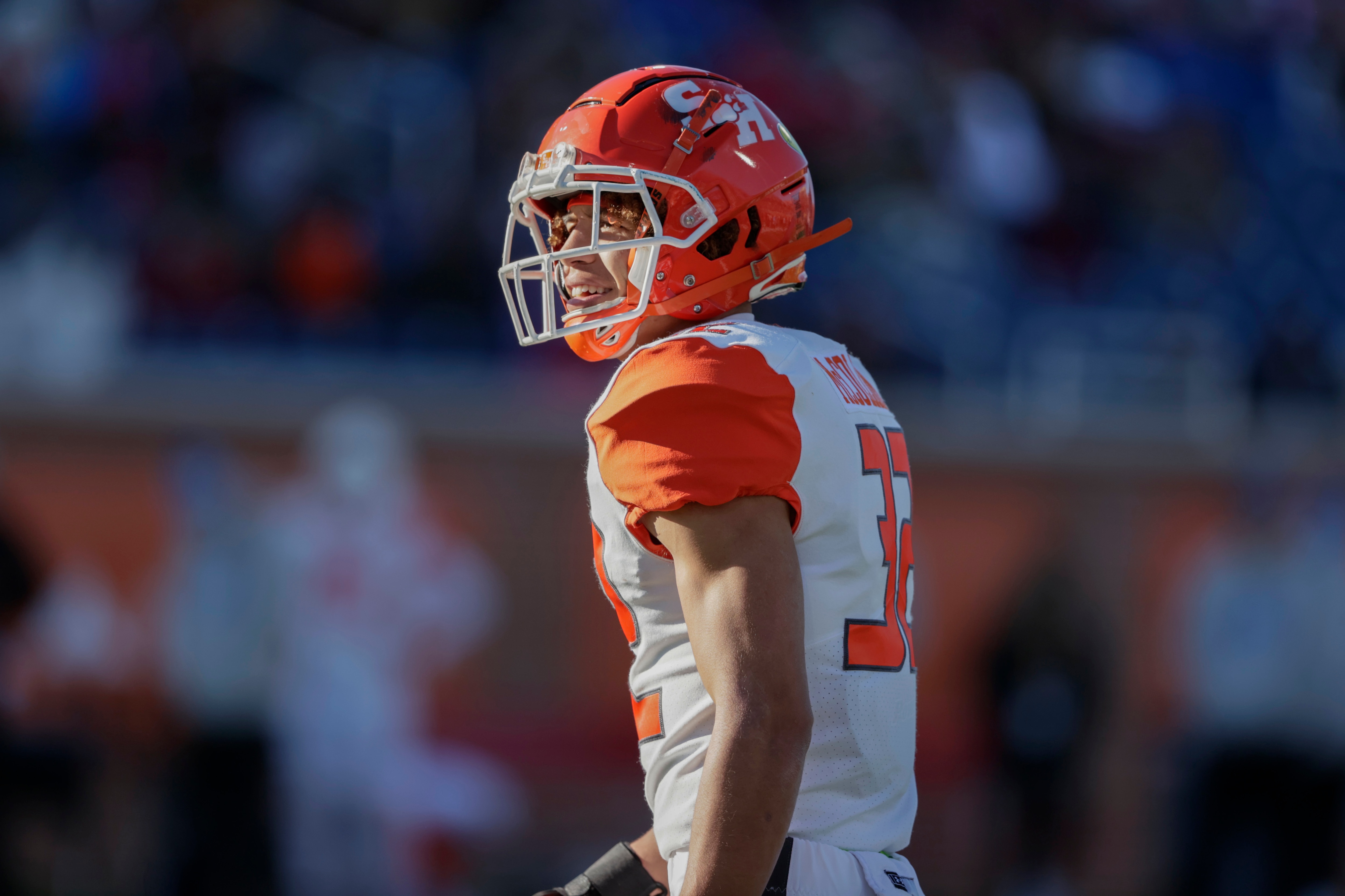 American Team cornerback Zyon McCollum of Sam Houston State (32) in an NCAA college football game Saturday, Feb. 5, 2022, in Mobile, Ala. (AP Photo/Butch Dill)