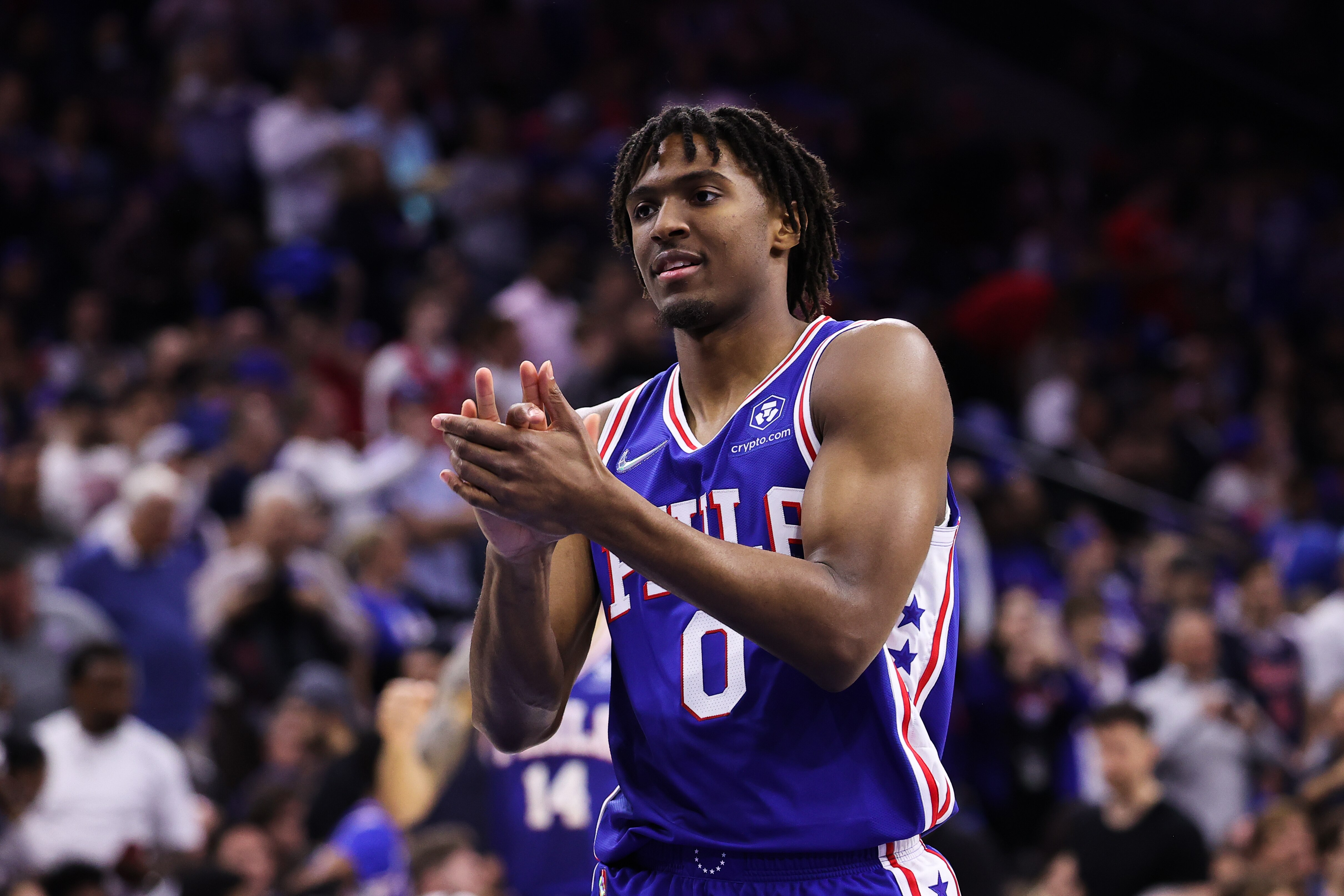 PHILADELPHIA, PA, USA - MAY 12: Tyrese Maxey of Philadelphia 76ers in action during NBA semifinals between Philadelphia 76ers and Miami Heat at the Wells Fargo Center in Philadelphia, Pennsylvania, United States on May 12, 2022. (Photo by Tayfun Coskun/Anadolu Agency via Getty Images)