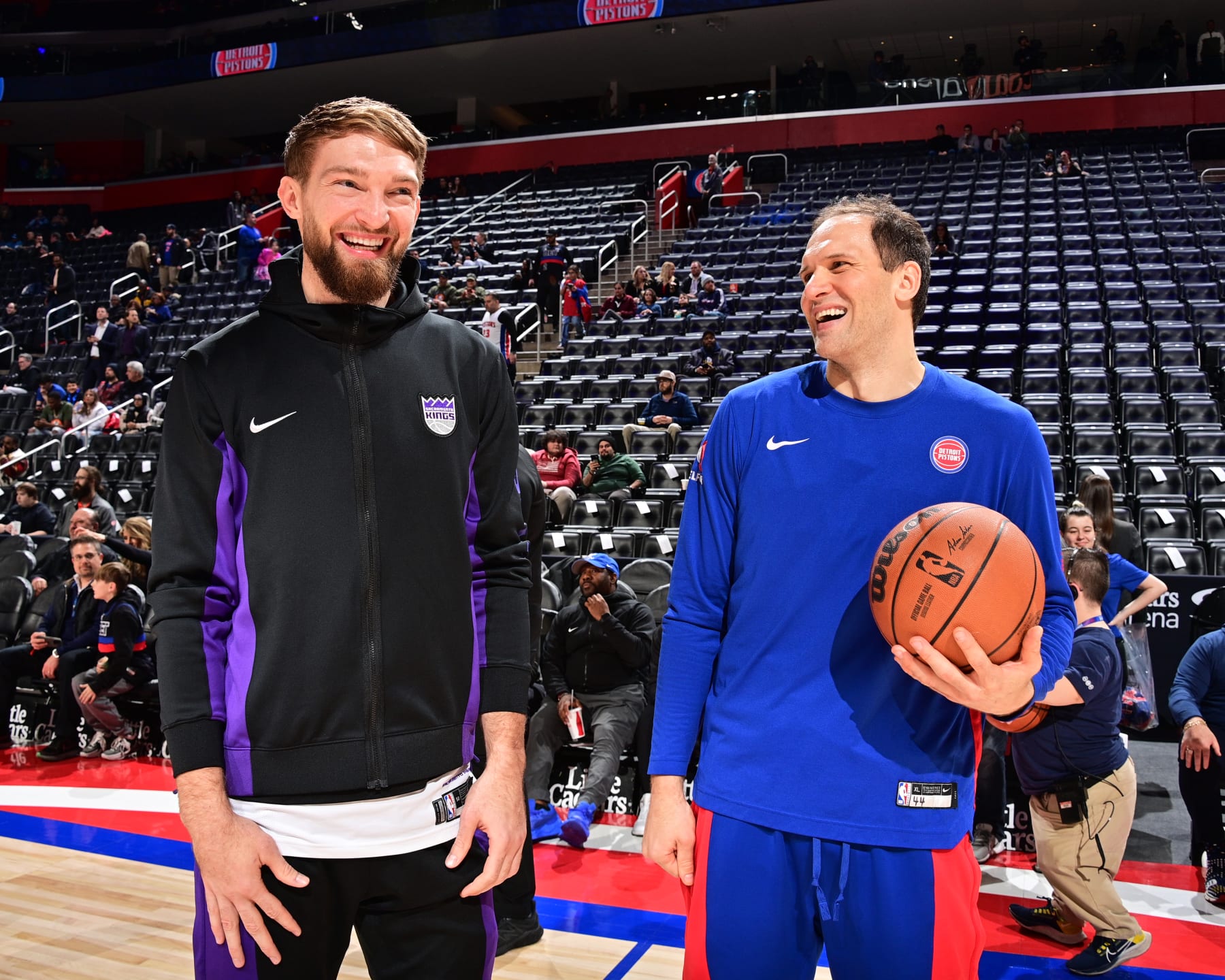 DETROIT, MI - JANUARY 9: Bojan Bogdanovic #44 of the Detroit Pistons and Domantas Sabonis #10 of the Sacramento Kings before the game on January 9, 2024 at Little Caesars Arena in Detroit, Michigan. NOTE TO USER: User expressly acknowledges and agrees that, by downloading and/or using this photograph, User is consenting to the terms and conditions of the Getty Images License Agreement. Mandatory Copyright Notice: Copyright 2024 NBAE (Photo by Chris Schwegler/NBAE via Getty Images)
